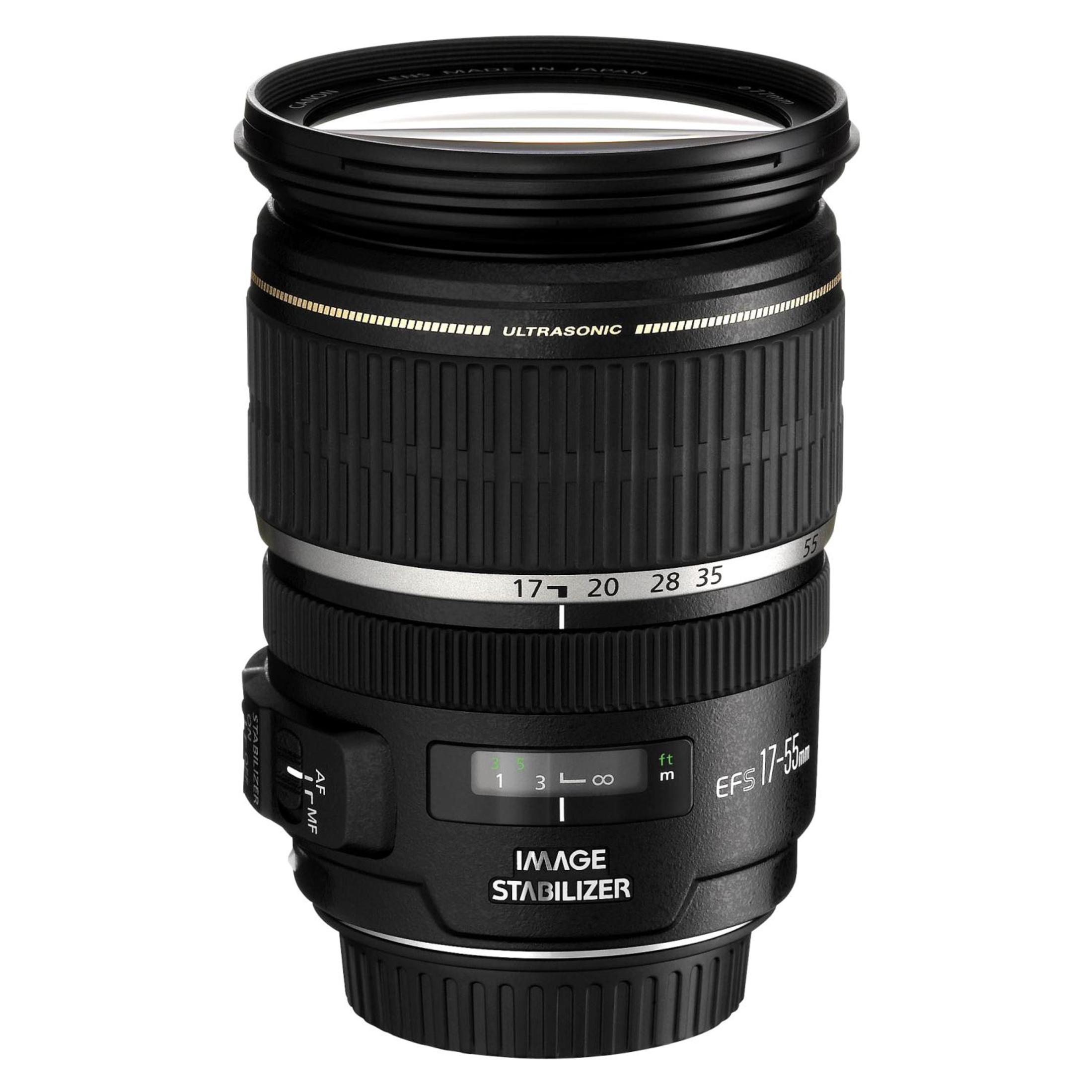 Ein schwarzes Canon EFS 17-55mm Zoomobjektiv mit 'Image Stabilizer'.