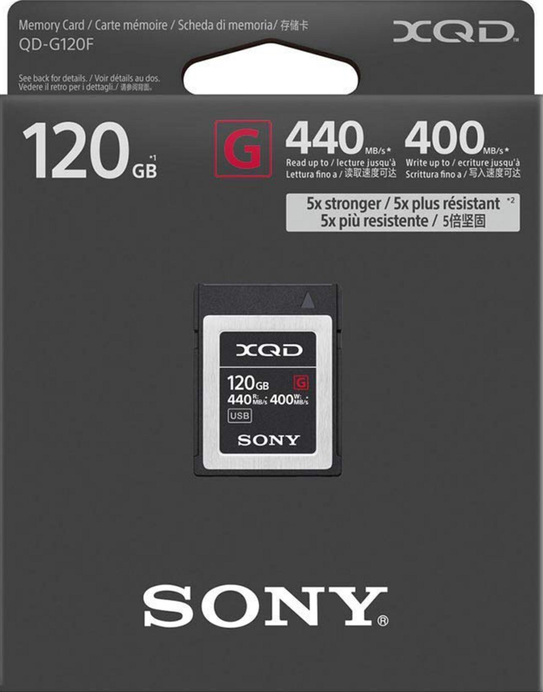 Scheda di memoria Sony XQD 120GB, 440MB/s lettura, 400MB/s scrittura.
