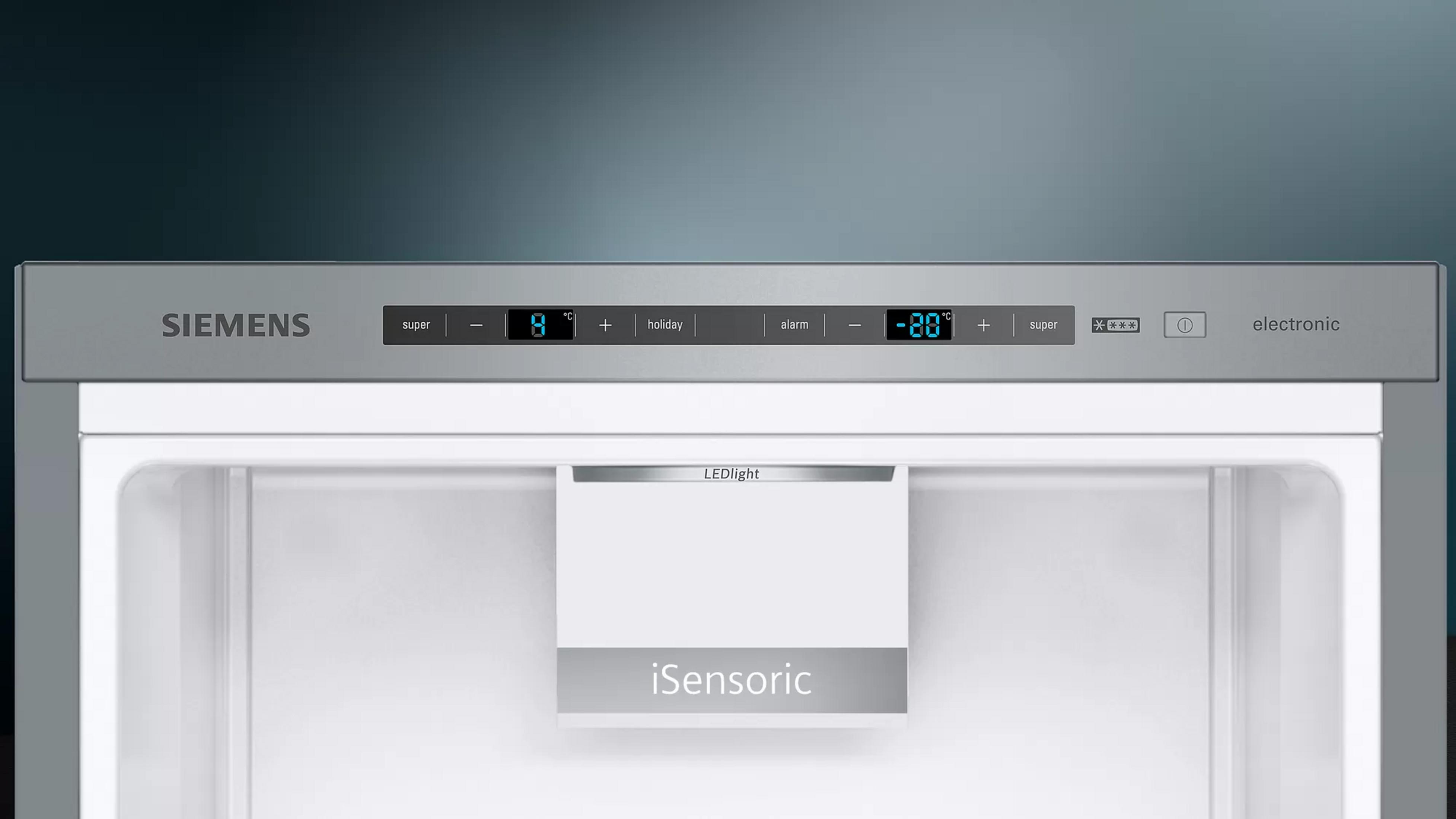 Siemens Kühlschrank-Bedienfeld mit Digitalanzeige und LED-Licht.