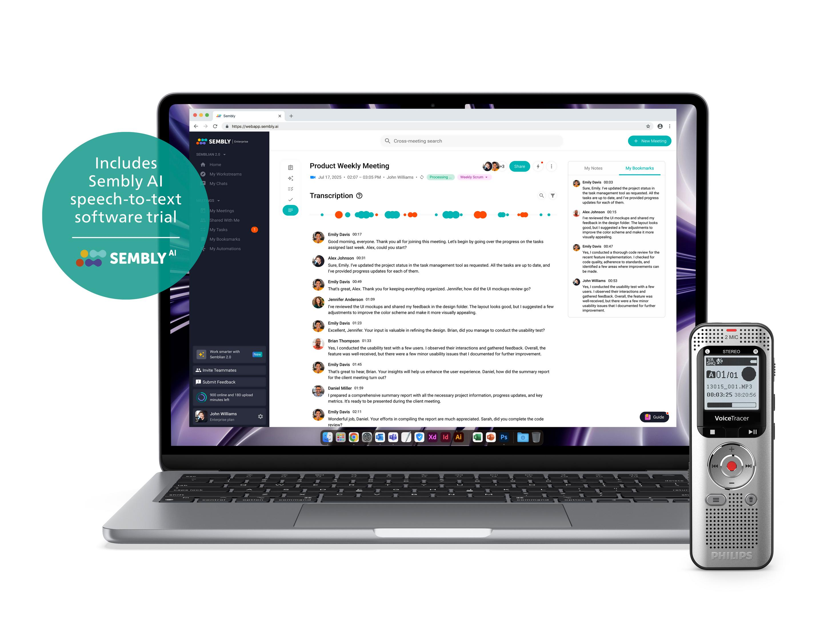 Laptop wyświetla aplikację Semby z transkrypcją i dyktafon Philips VoiceTracer.