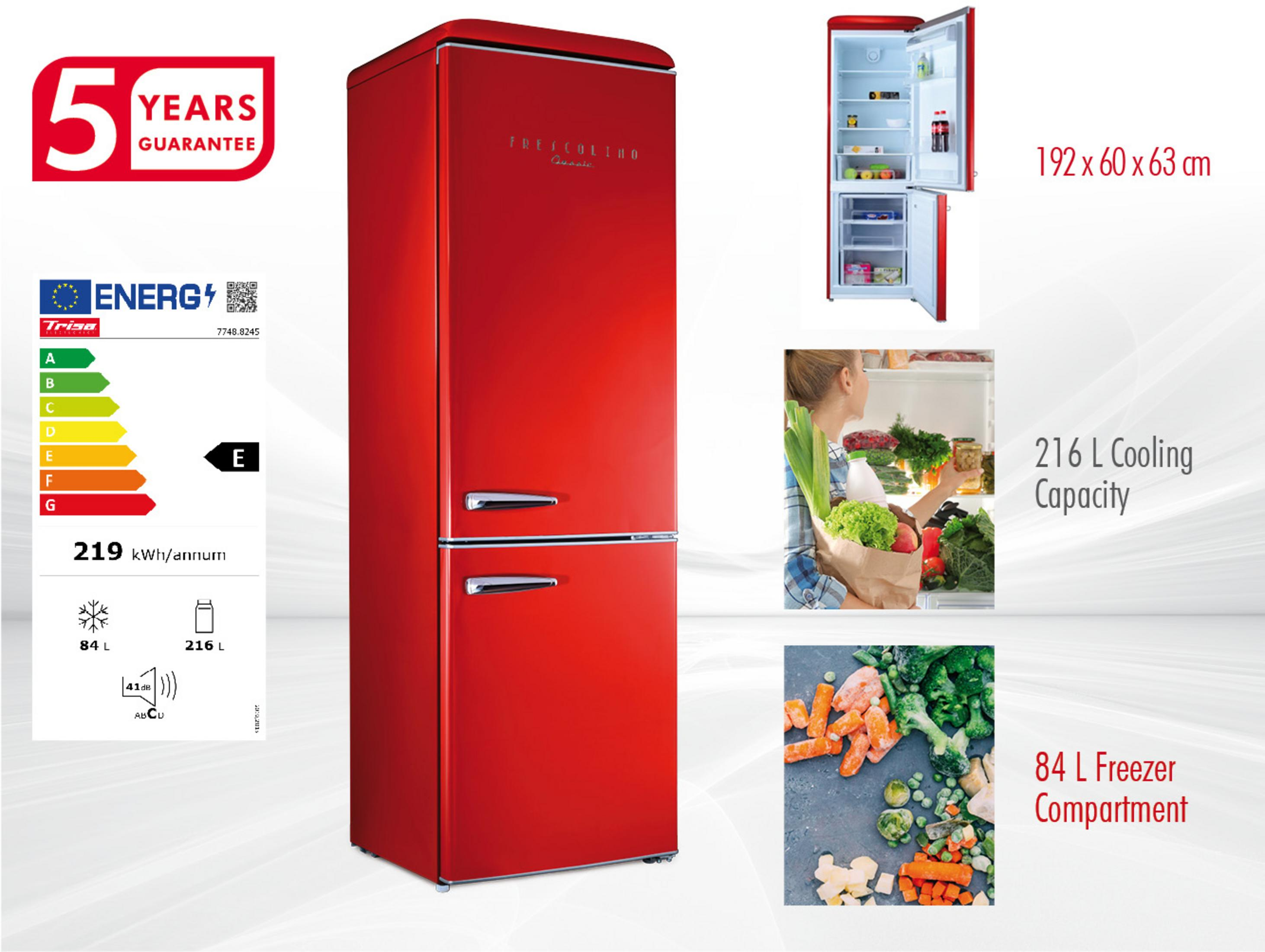Roter Kühlschrank mit 5 Jahre Garantie, Energieeffizienz E.