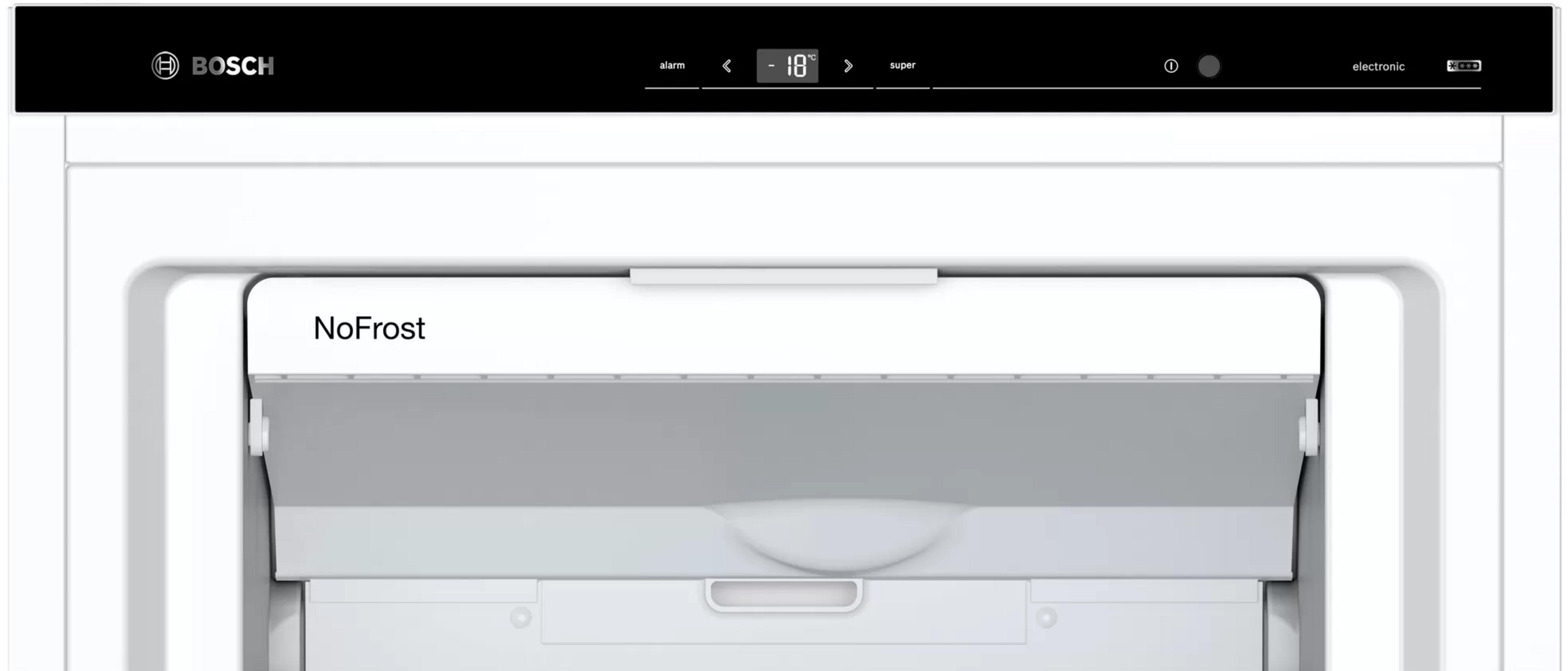 Bosch Kühlschrank-Display zeigt -18°C an, mit NoFrost-Beschriftung.