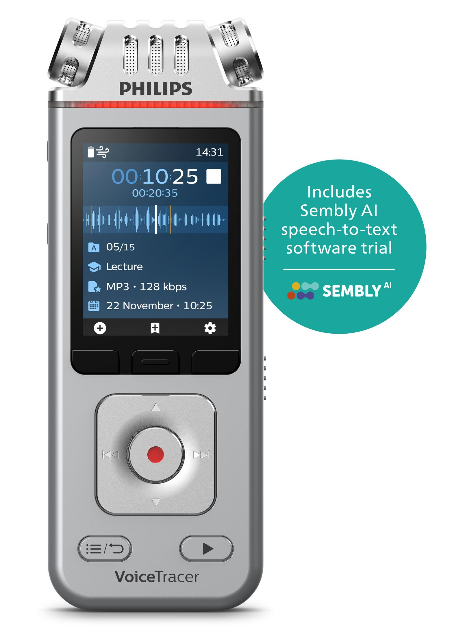 Srebrny Philips VoiceTracer z ekranem dotykowym, mikrofonami i przyciskami.
