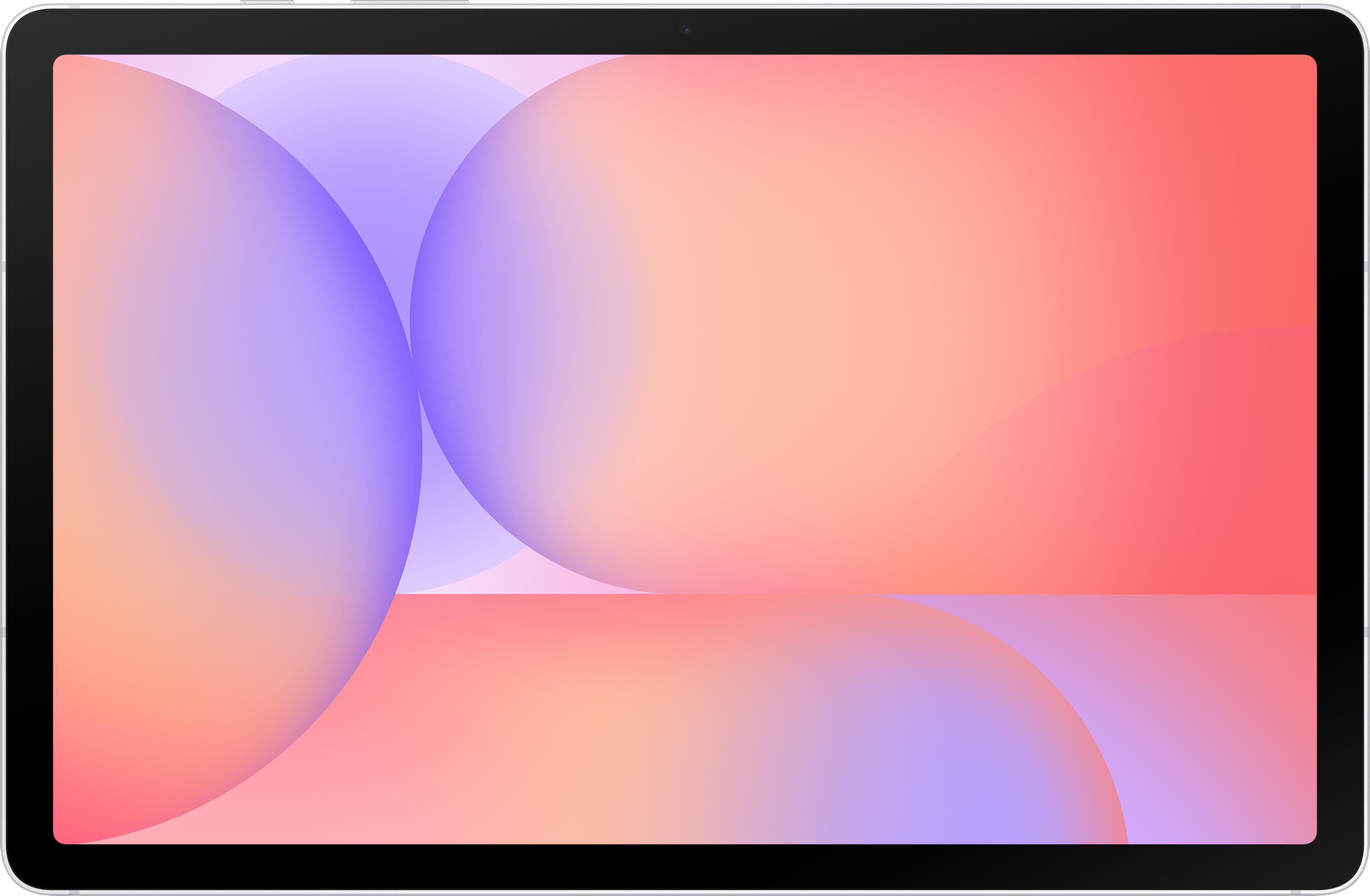 Tablet z abstrakcyjnym tłem nakładających się okręgów w odcieniach różu i fioletu.