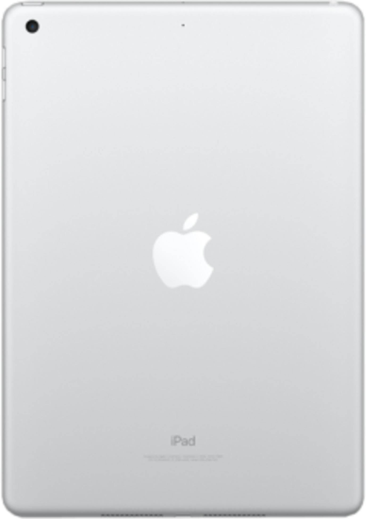 Achterkant van een zilveren iPad met Apple-logo en iPad-tekst.