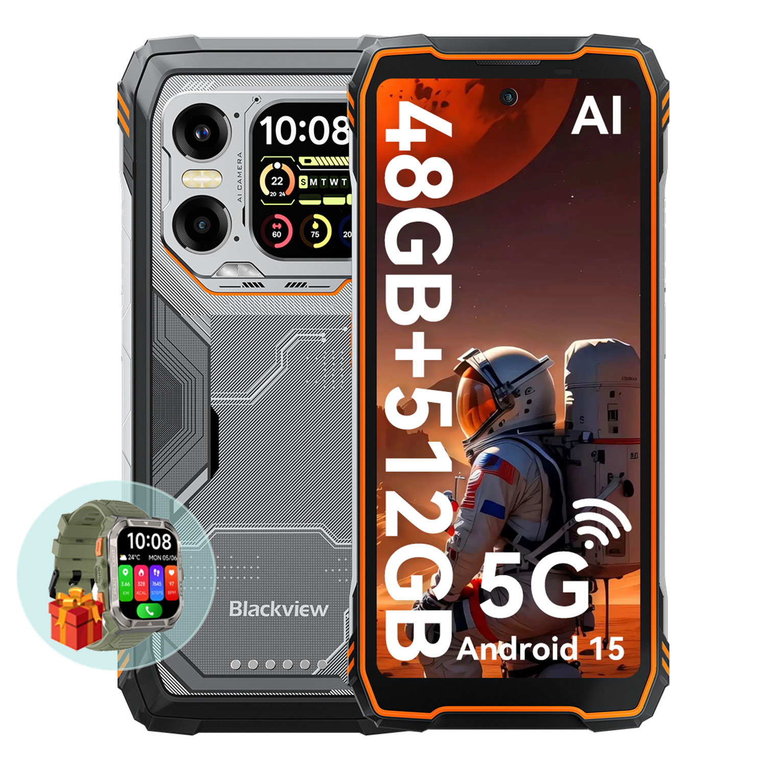 Un smartphone resistente y un smartwatch uno al lado del otro. El smartphone muestra un astronauta en Marte.