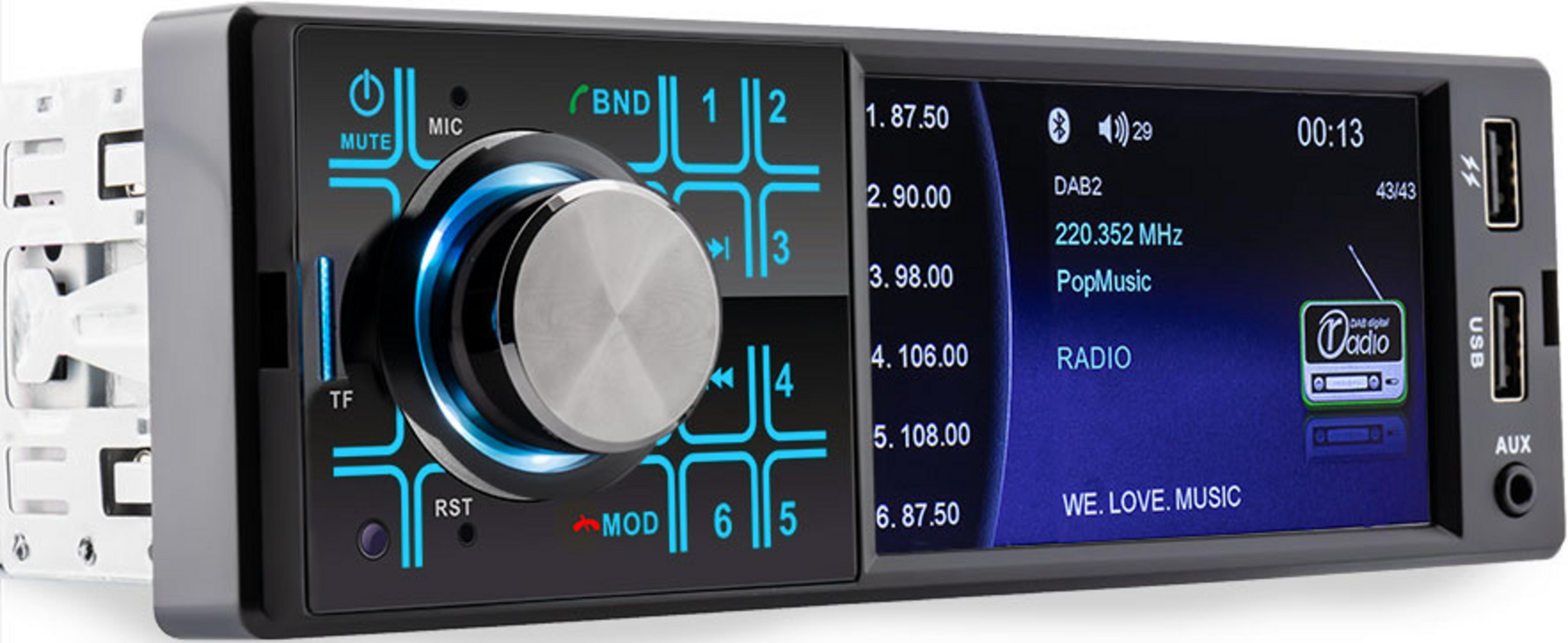 A car stereo with a knob, screen, USB and AUX ports.