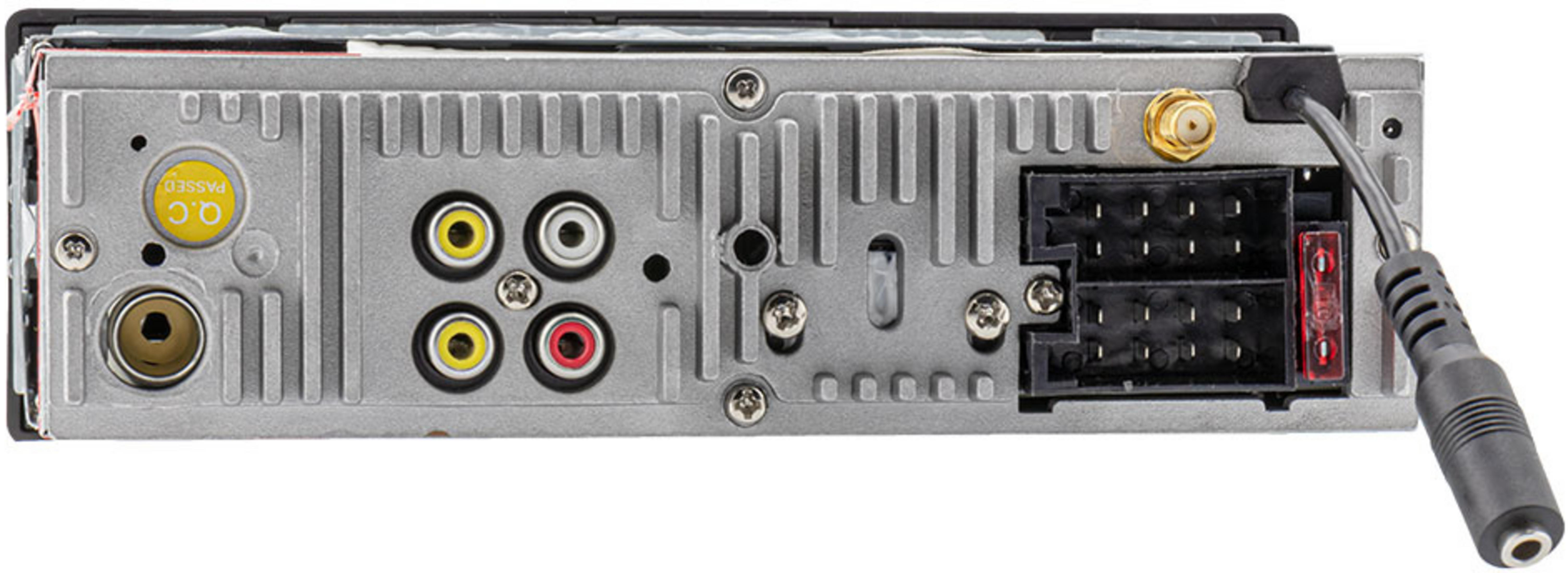 Back of a car stereo showing ports, QC sticker, and cable.