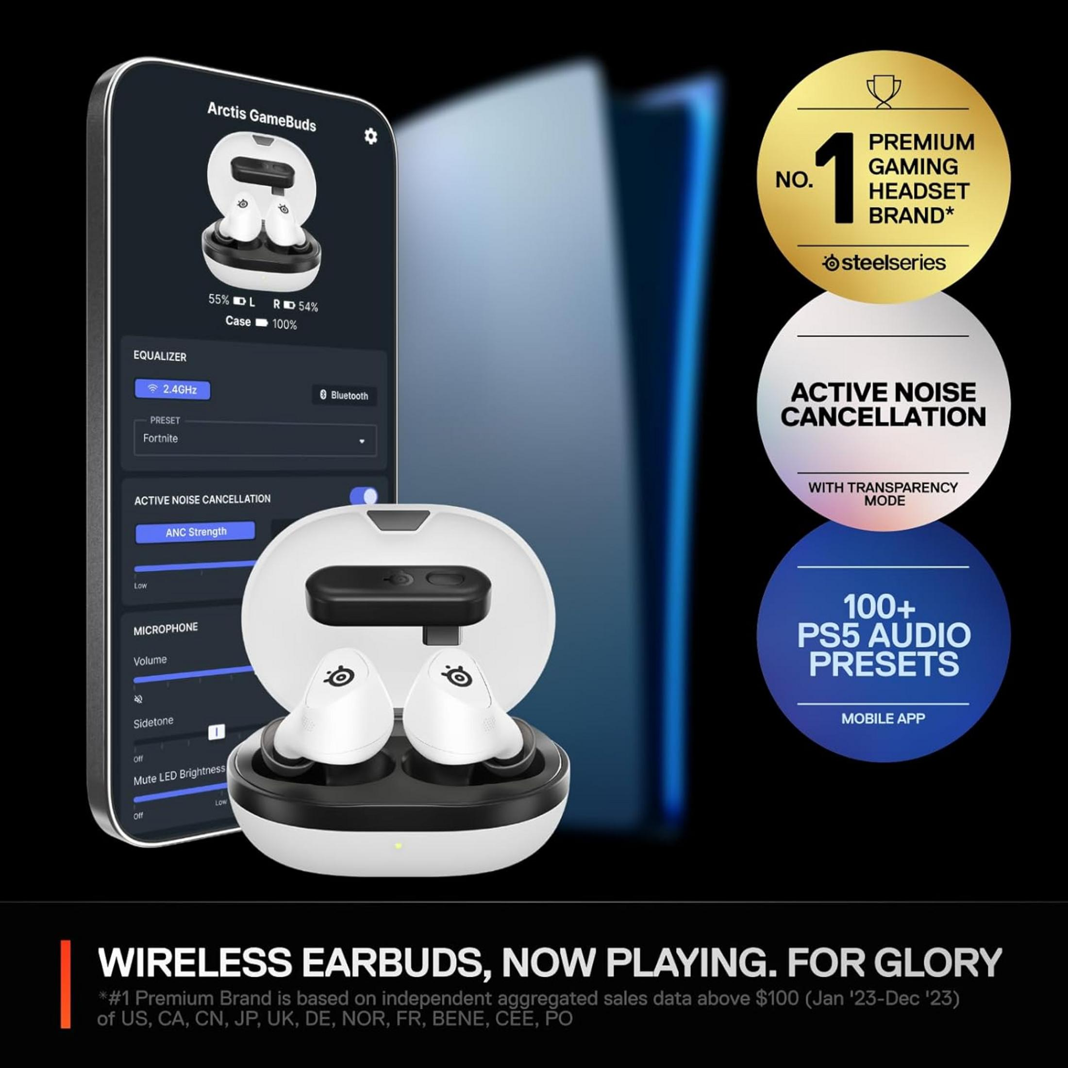 Auriculares blancos para juegos con estuche de carga, app y logos.