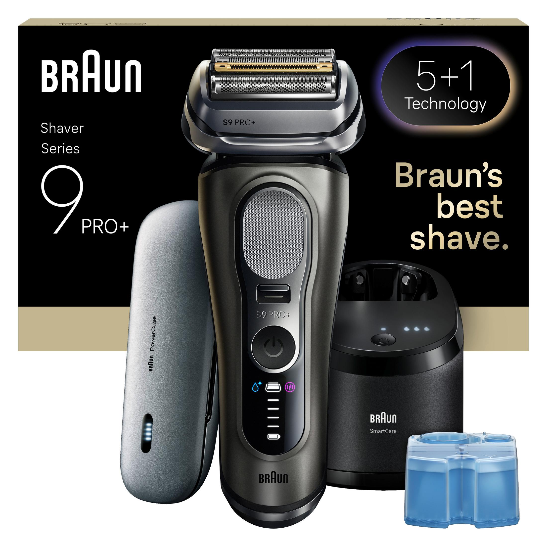 Rasoio Braun Series 9 Pro+ con base di ricarica, PowerCase e liquido di pulizia.
