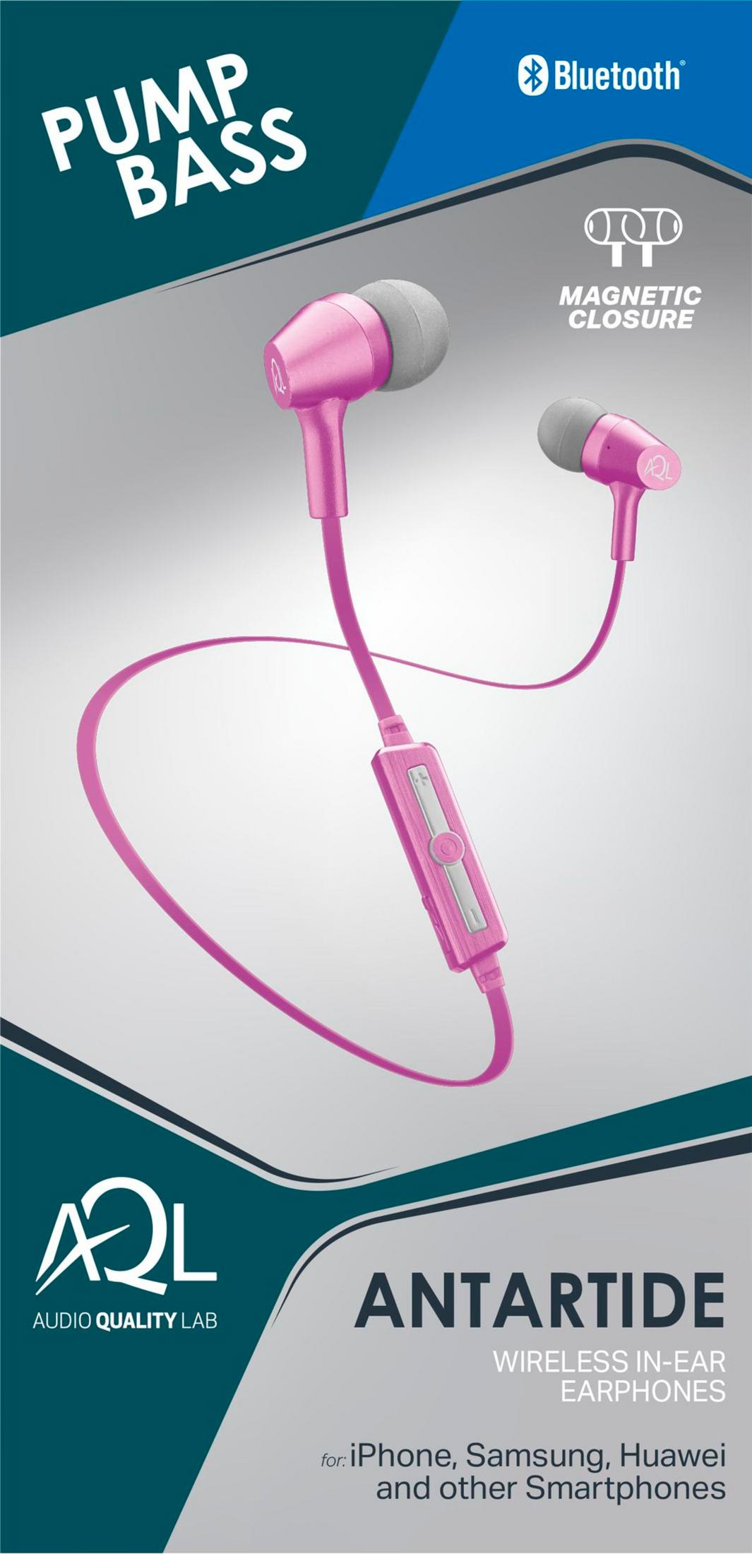 Rosa Bluetooth-Kopfhörer mit Magnetverschluss und Bedienelementen.