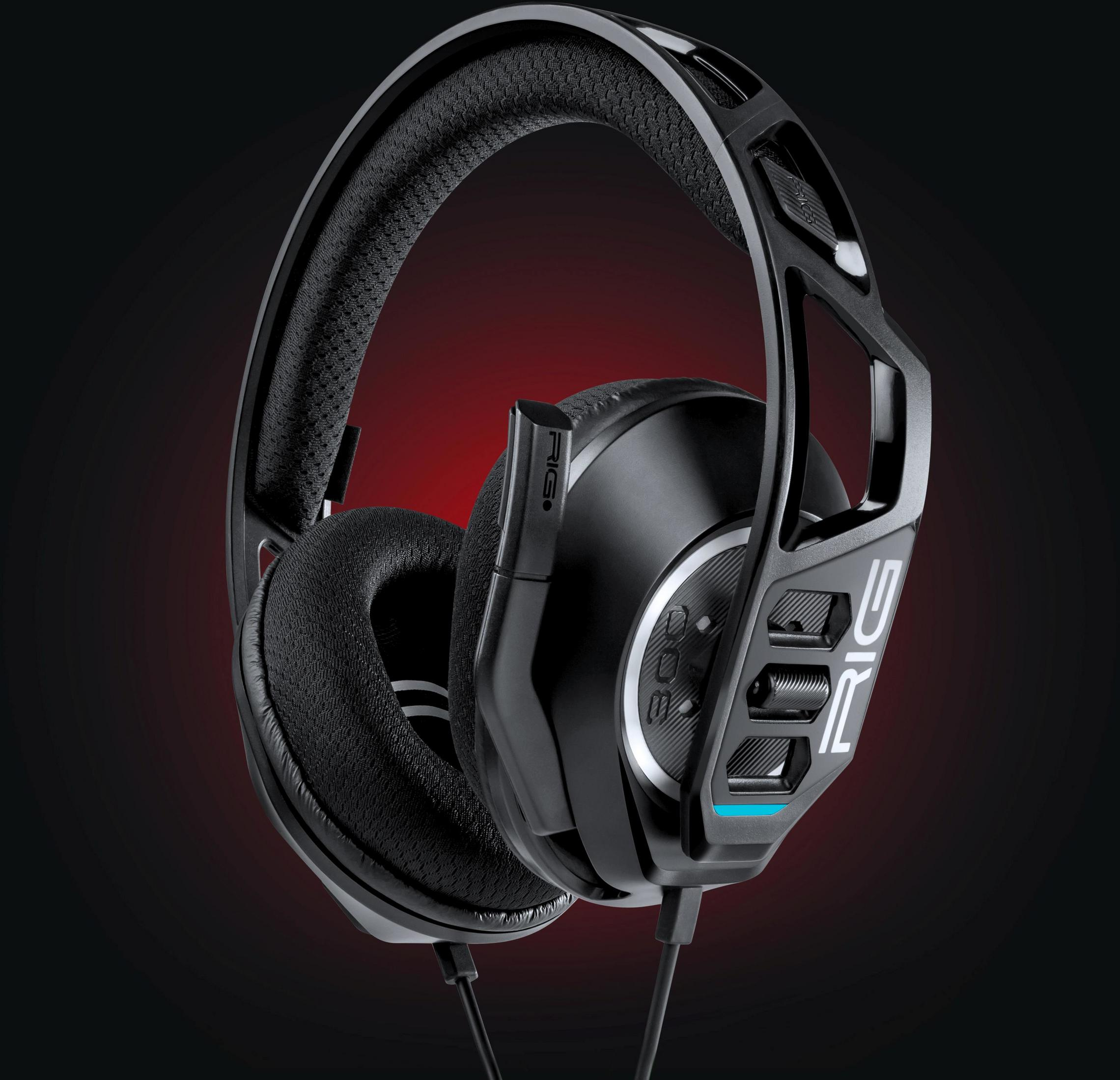 Czarne słuchawki RIG z czerwonymi akcentami na ciemnym tle.