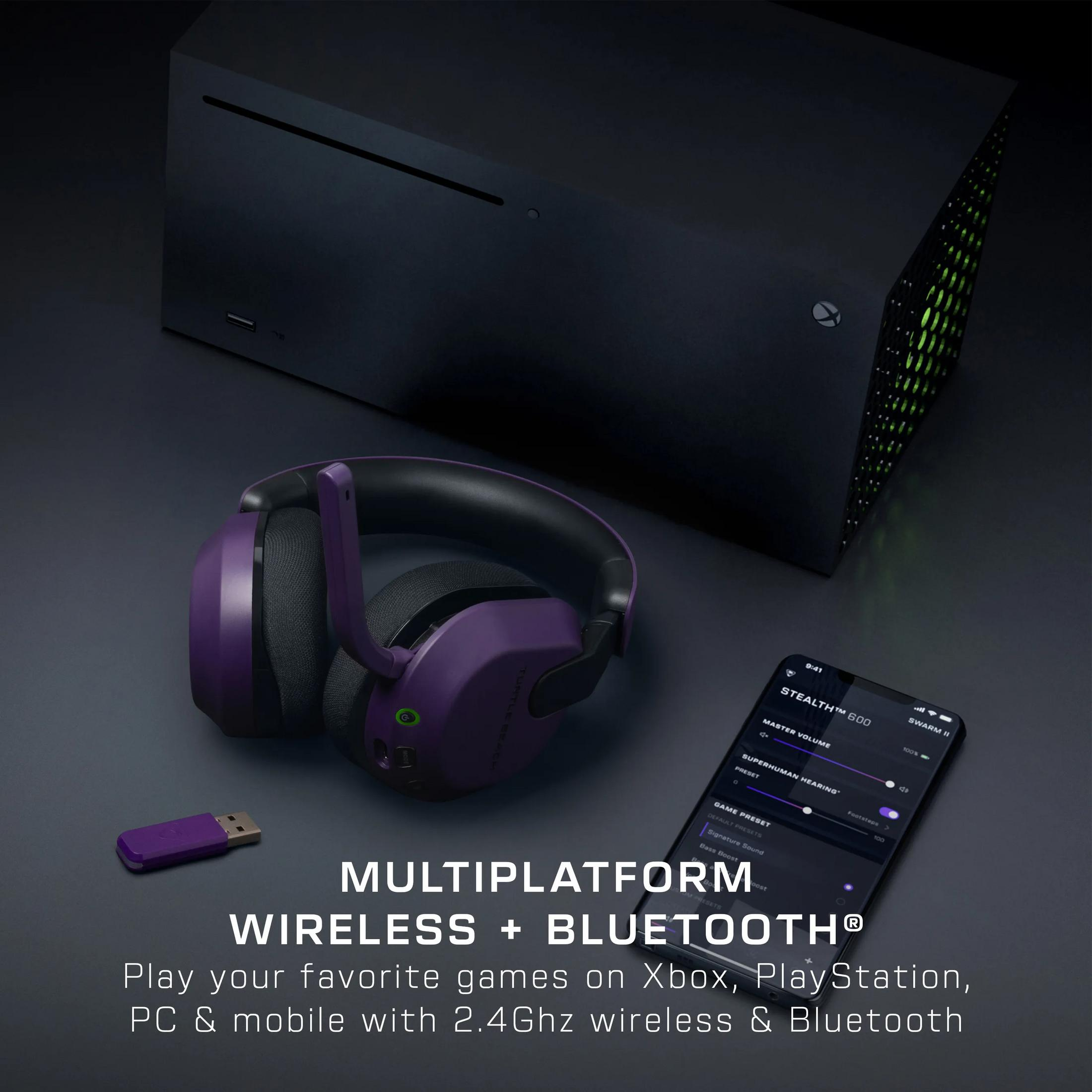Lila Headset, Xbox-Konsole, Smartphone-App mit Einstellungen, USB-Dongle