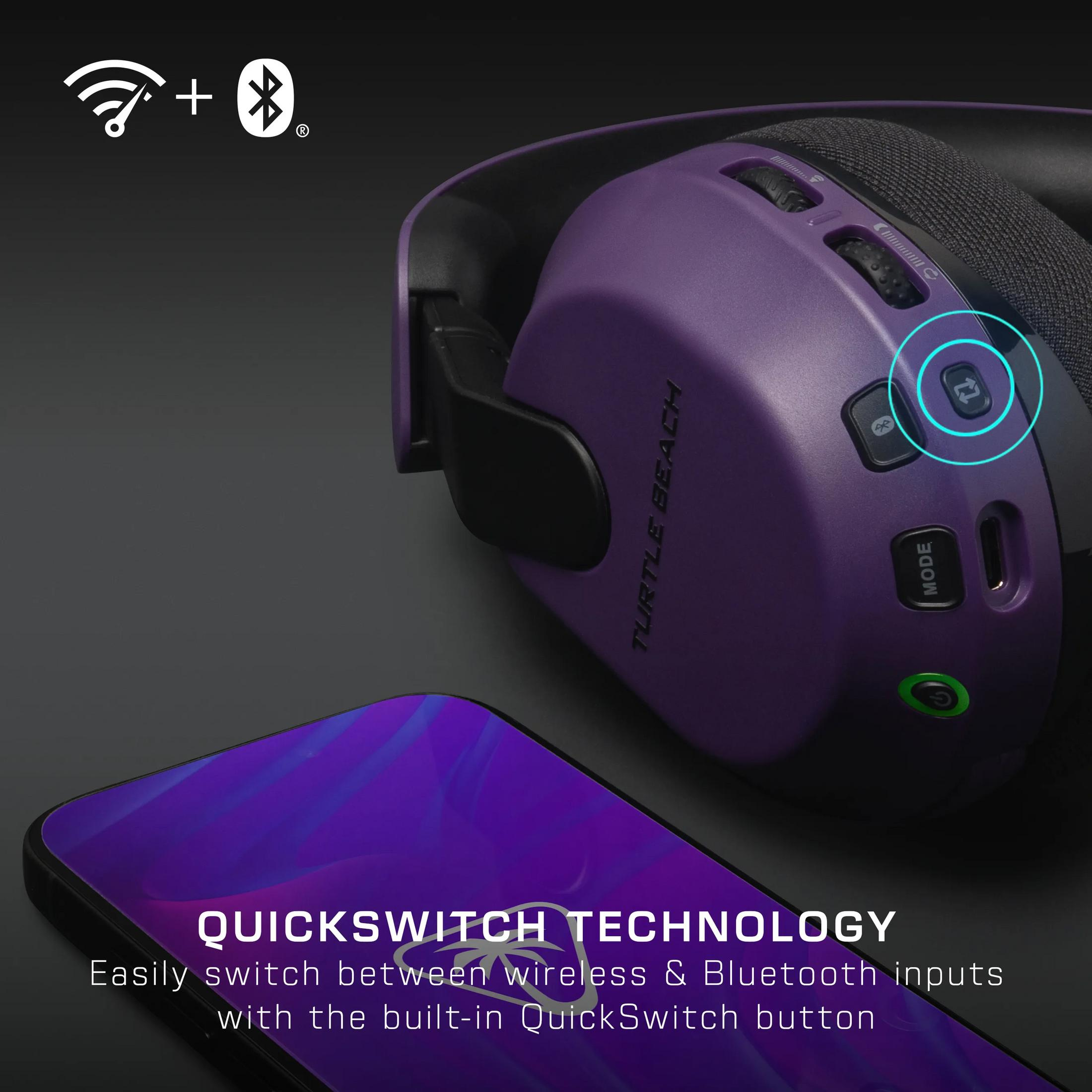 Lila Kopfhörer mit QuickSwitch-Taste und Smartphone. WLAN/Bluetooth-Symbole.