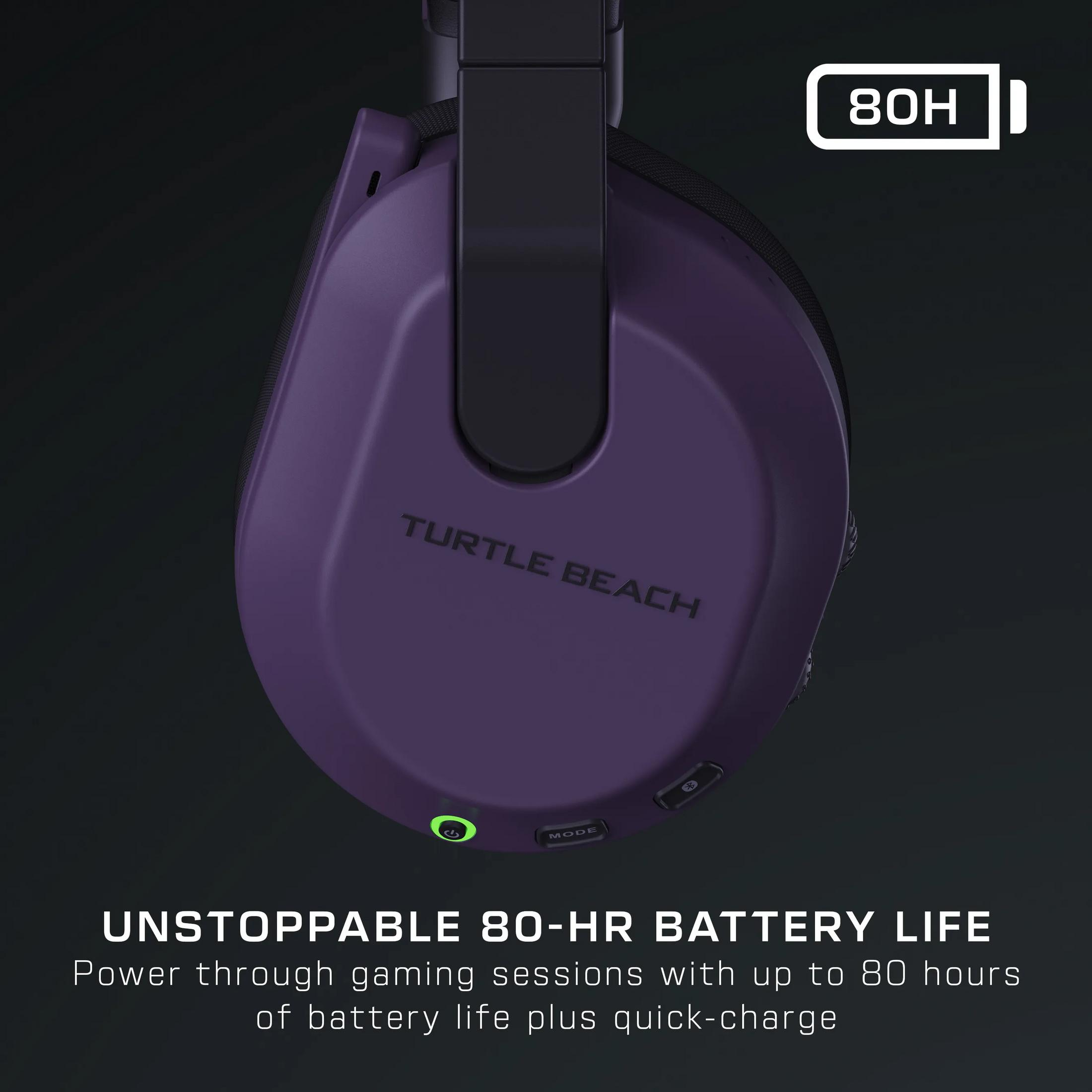 Lila Turtle Beach Kopfhörer mit 80-Stunden-Akku-Symbol und Text.