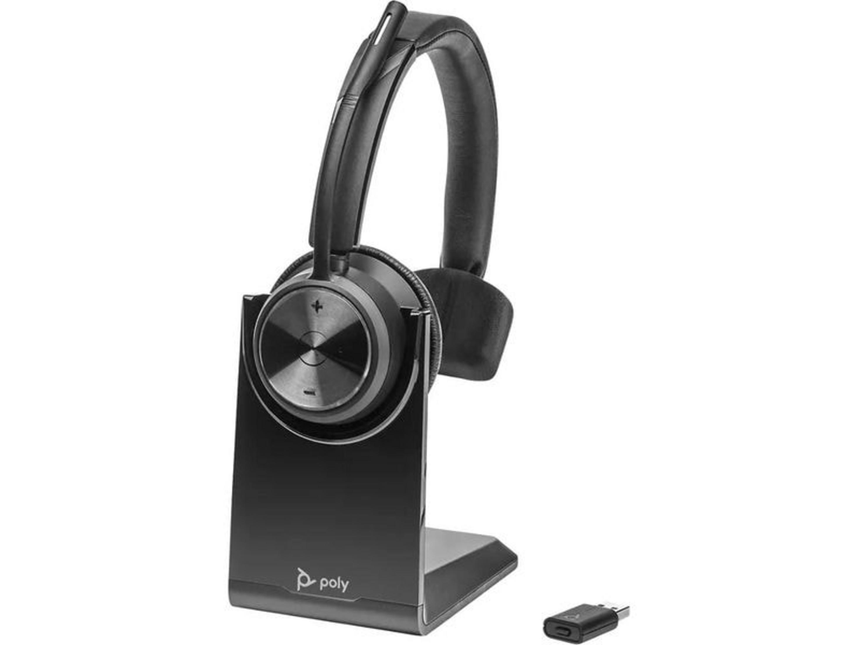 Cuffie nere con base di ricarica e dongle USB.