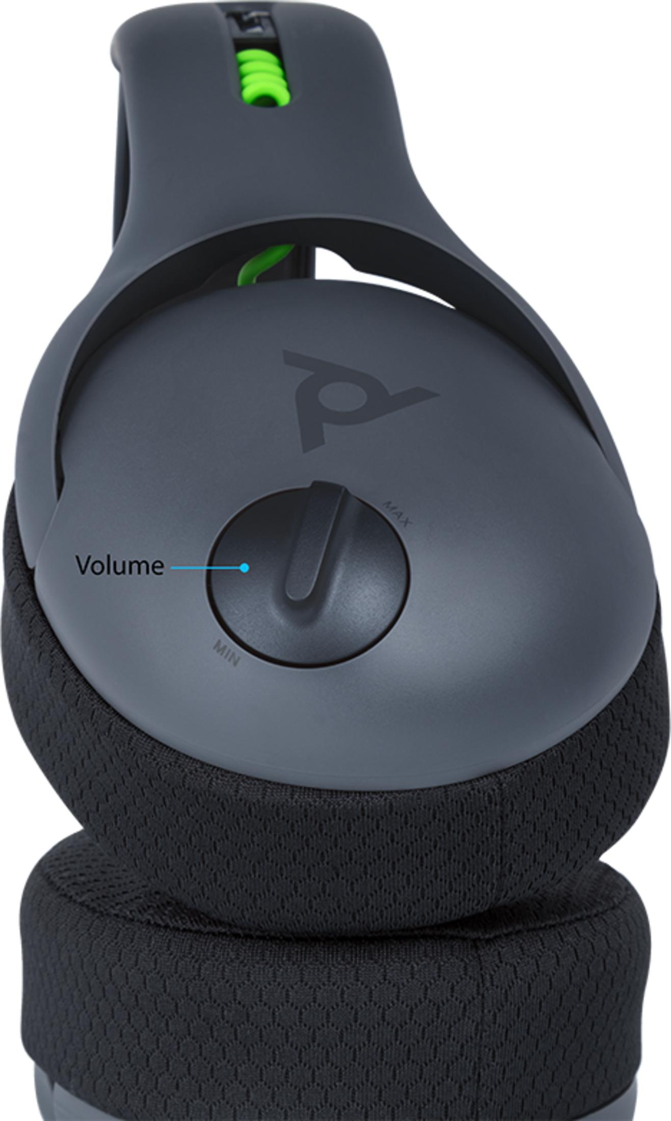 Szary zestaw słuchawkowy z pokrętłem głośności i zielonymi akcentami.
