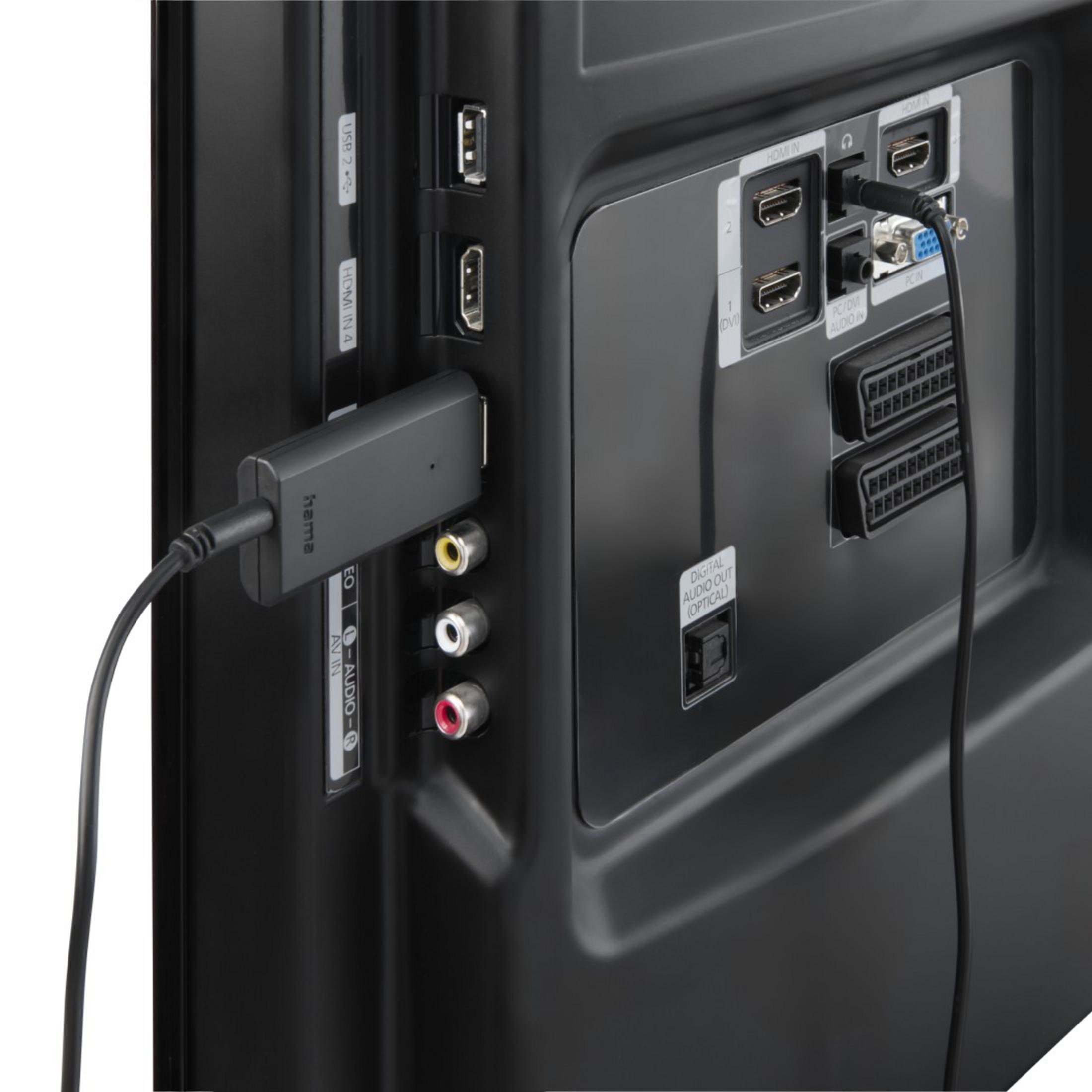 Ein Hama-Adapter ist in den HDMI-Anschluss eines Fernsehers eingesteckt.