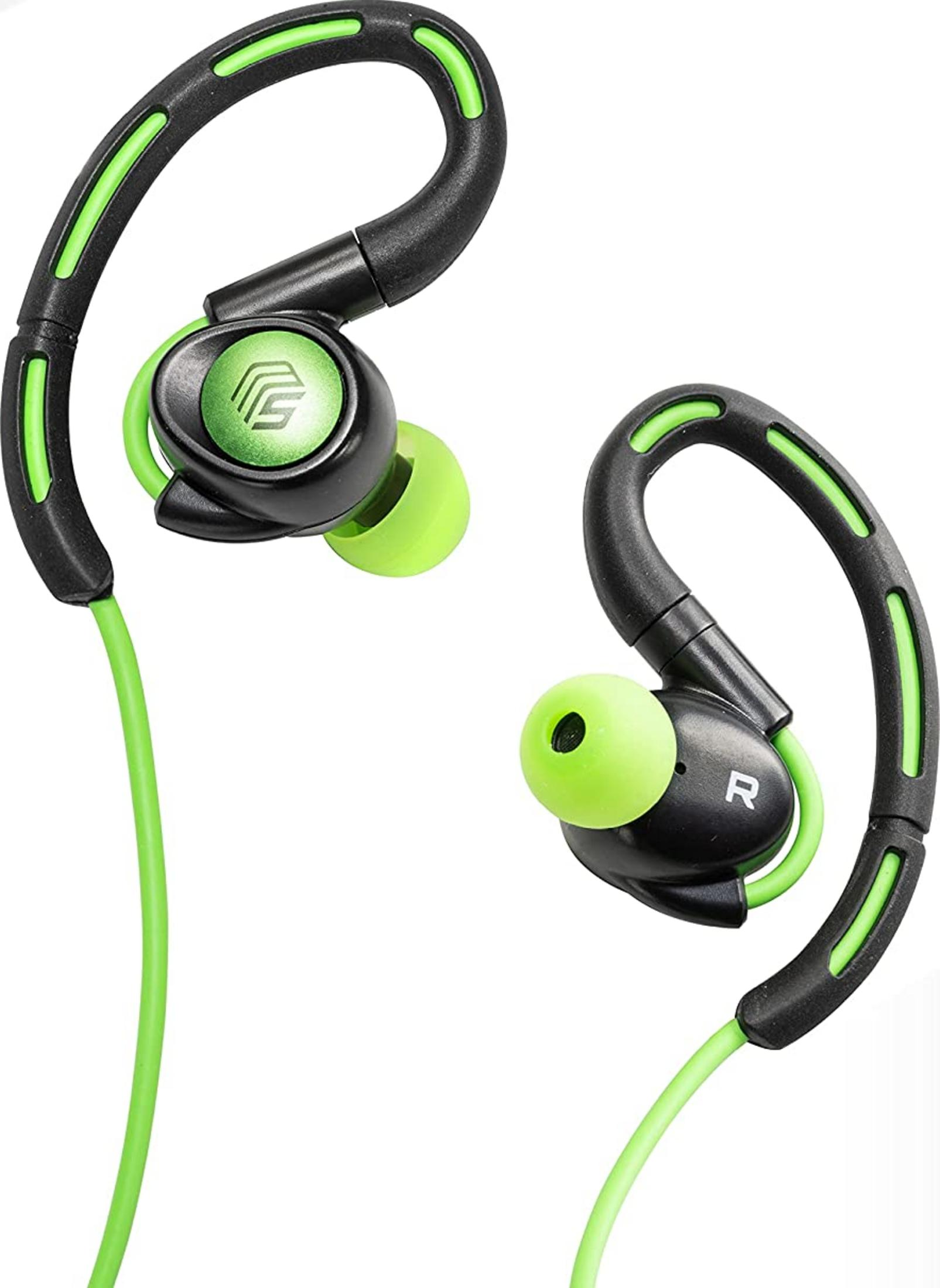 Czarne słuchawki z zielonymi akcentami i końcówkami na białym tle.