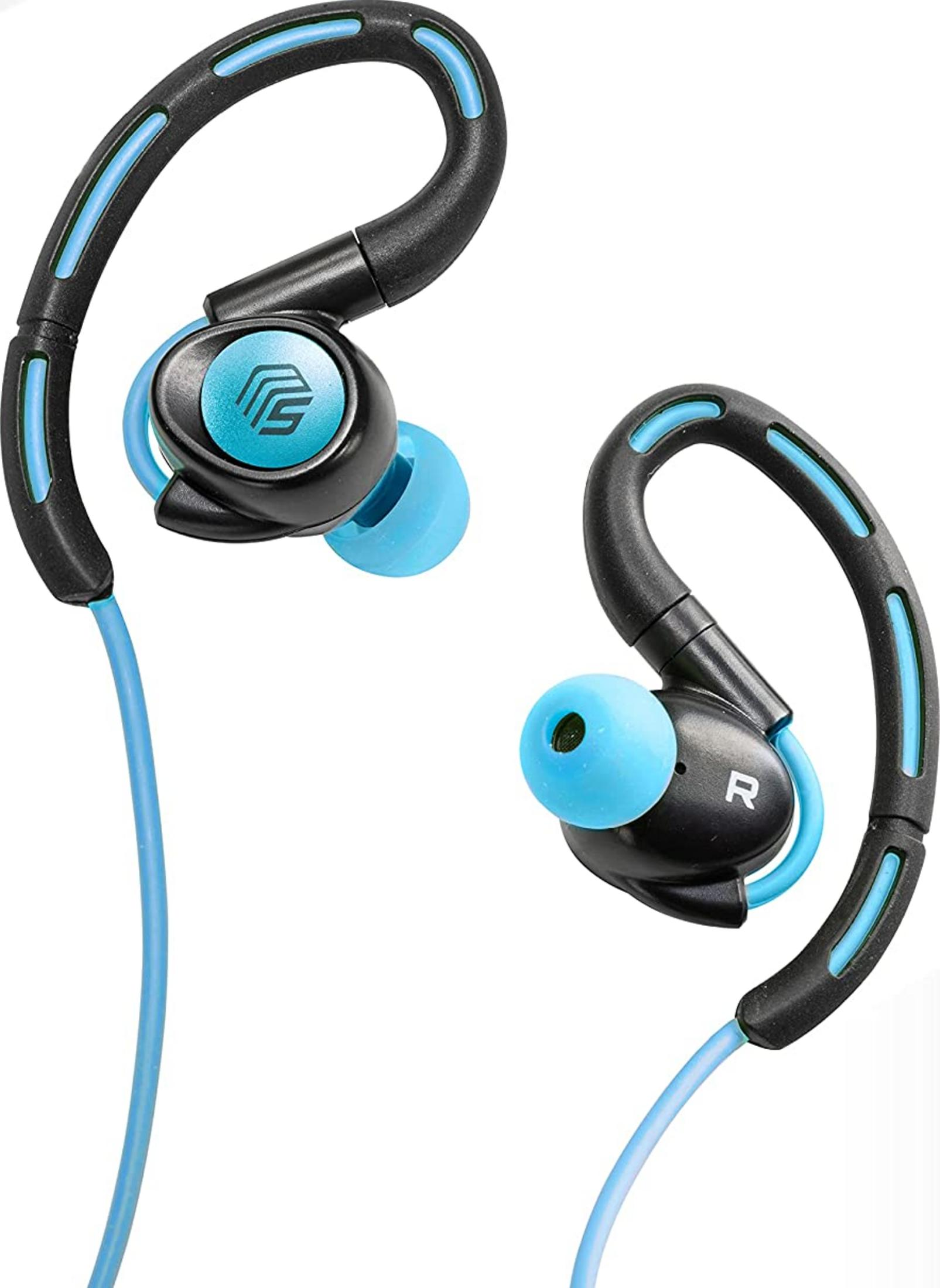 Czarne słuchawki douszne z niebieskimi akcentami i zaczepami na ucho.