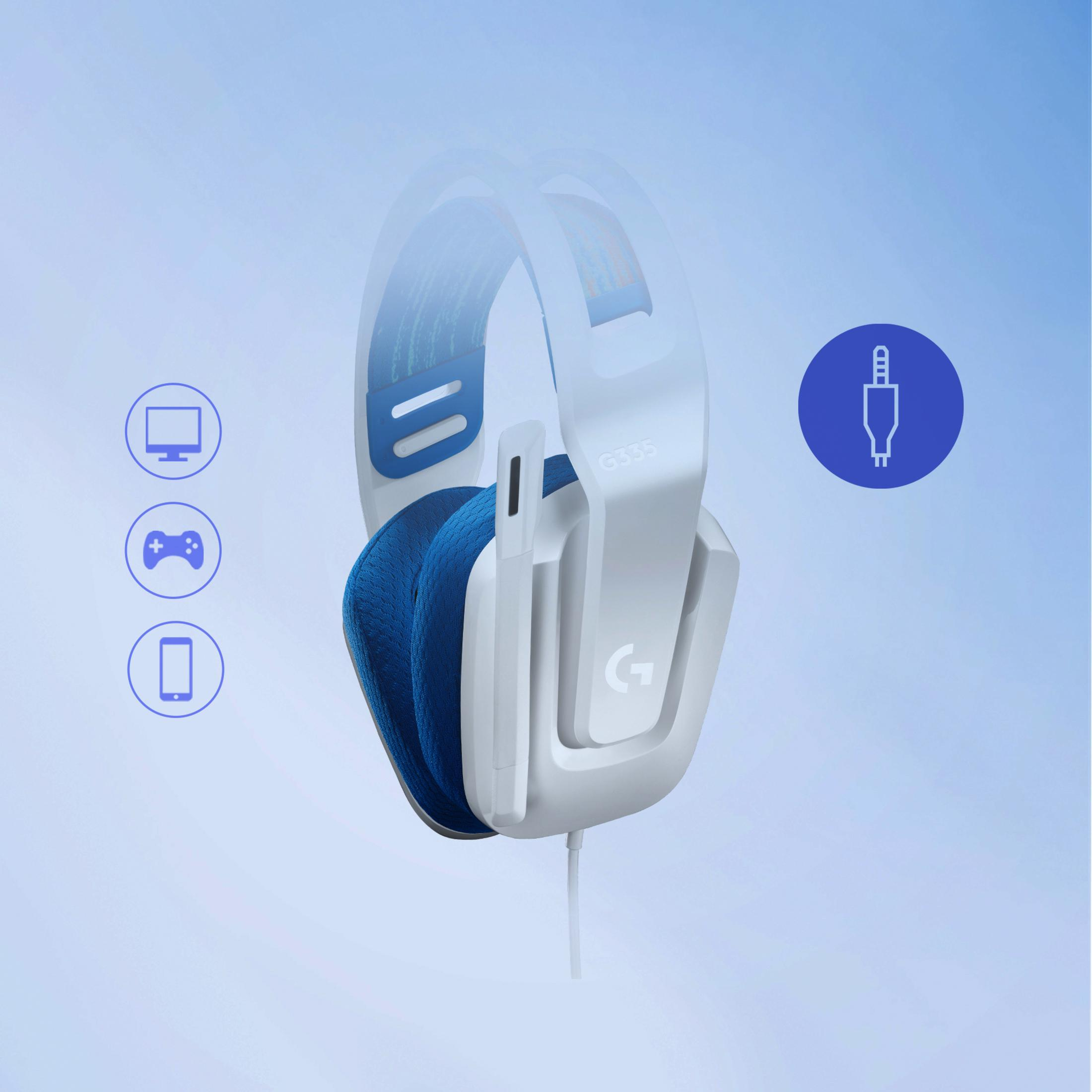 White and blue gaming headphones with a microphone on a blue background.