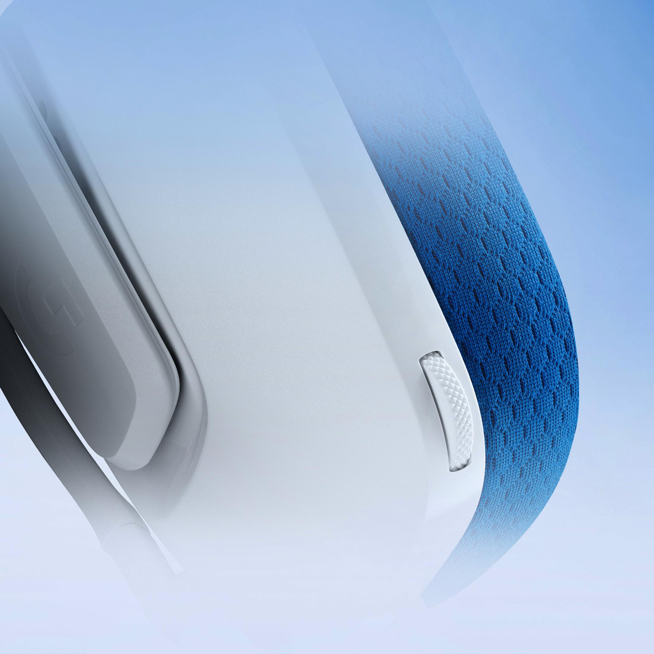 A white device with blue texture and silver logo on a blue background.
