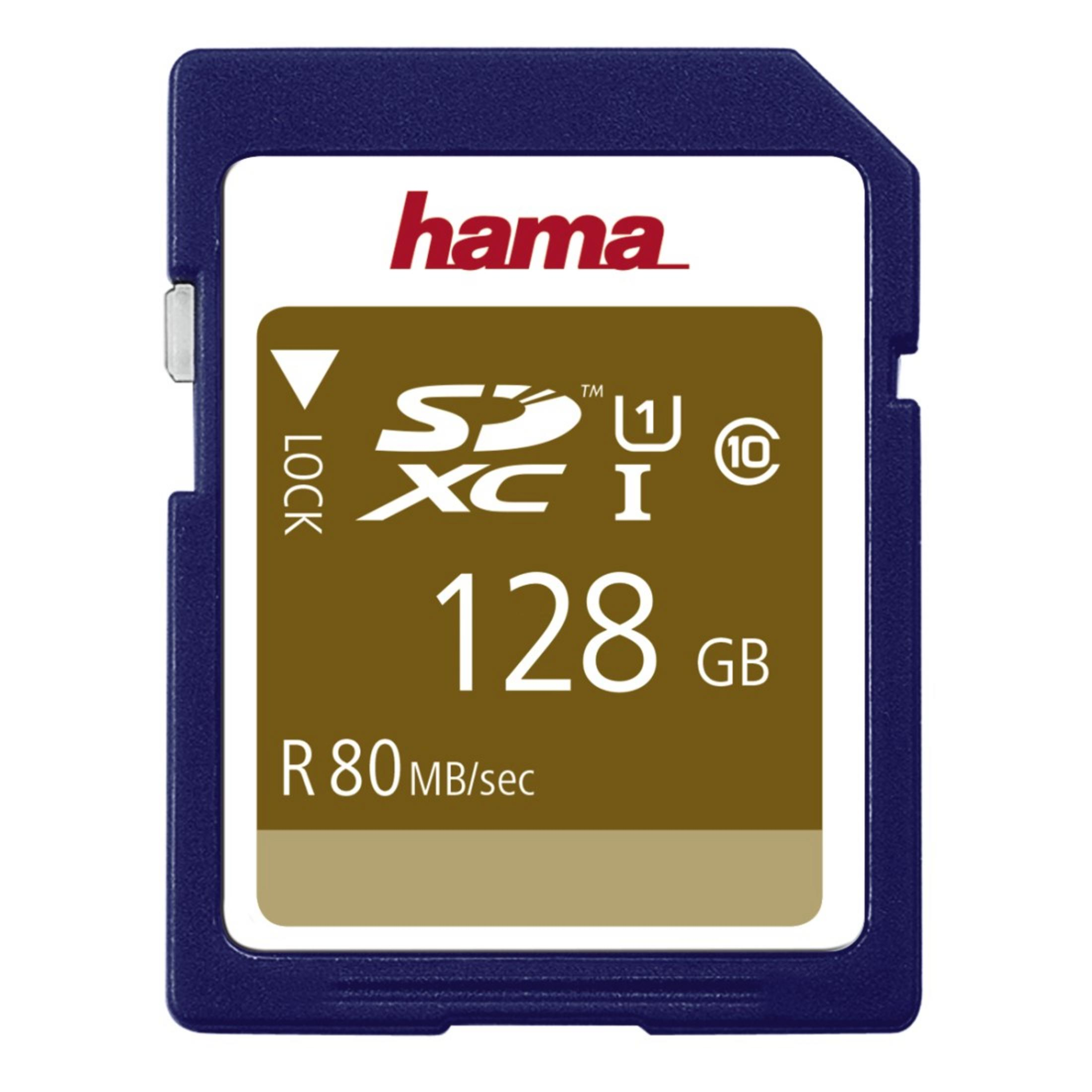 Hama SDXC Speicherkarte, 128 GB, dunkelblau mit weißem Aufdruck.