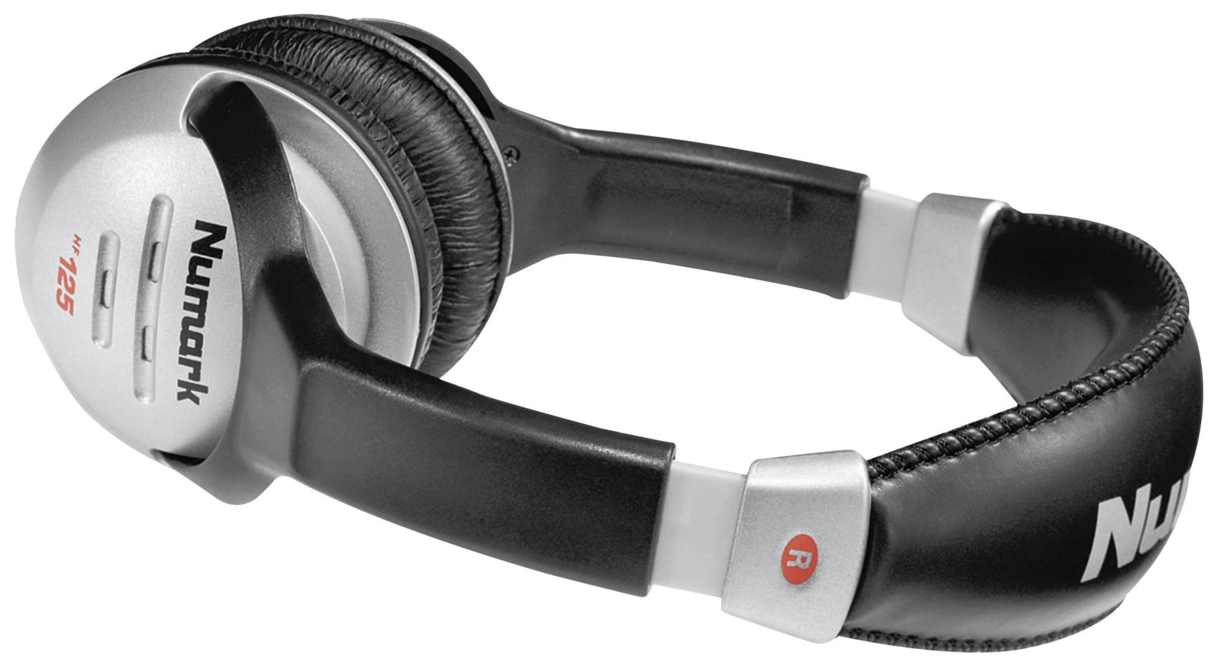 Casque Numark HF 125 argenté et noir avec coussinets et arceau réglable.