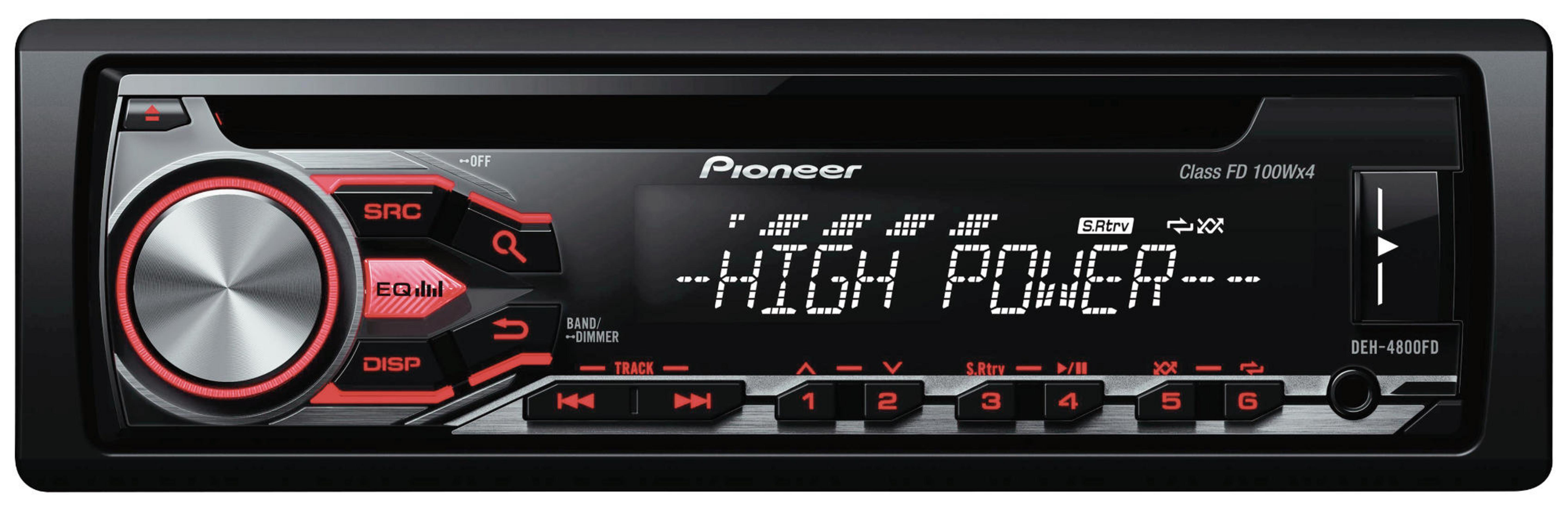 Pioneer Autoradio DEH-4800FD mit Drehknopf, roten Akzenten und Digitalanzeige mit HIGH POWER.