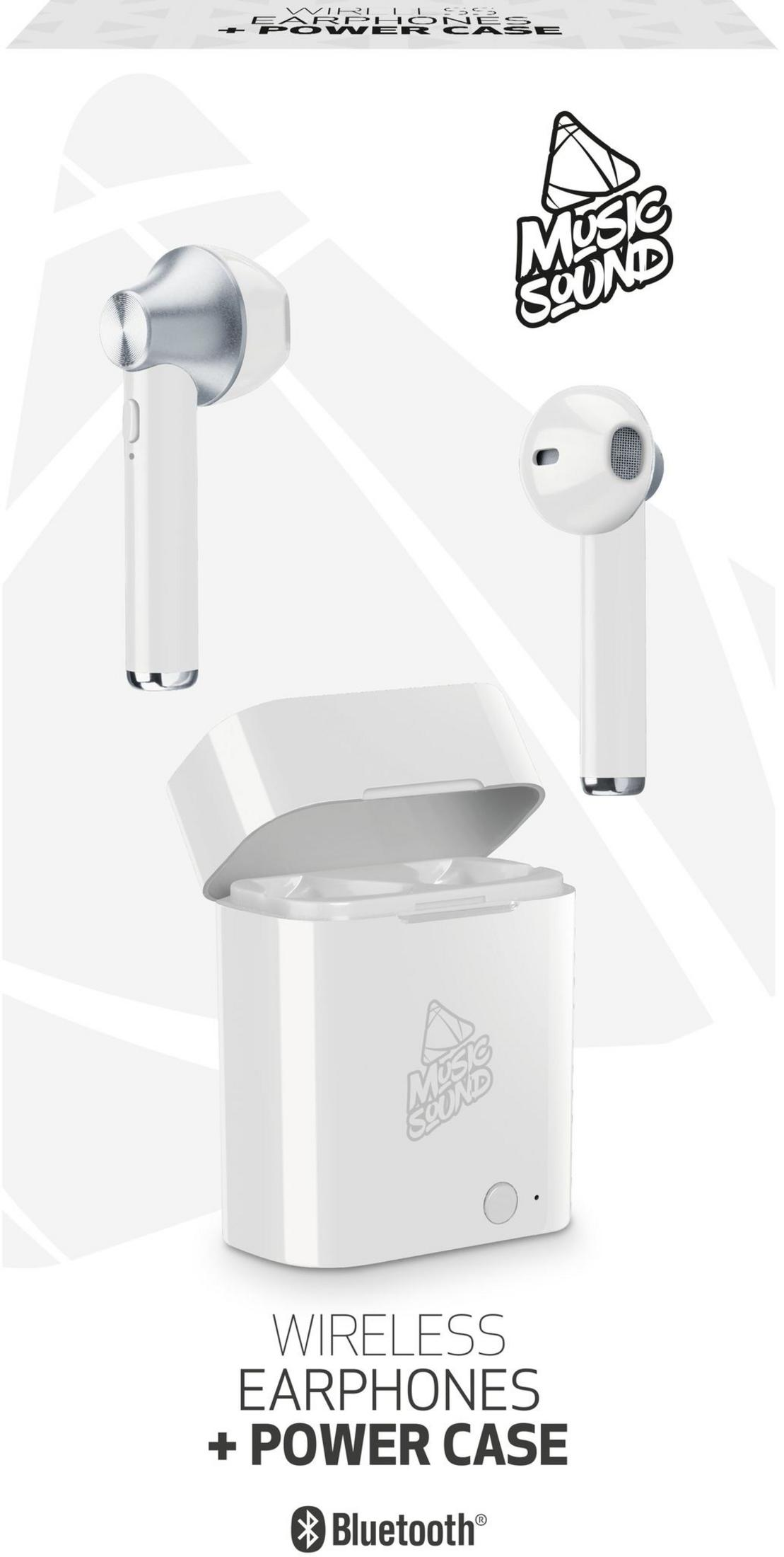 Auricolari wireless bianchi con custodia di ricarica e logo.