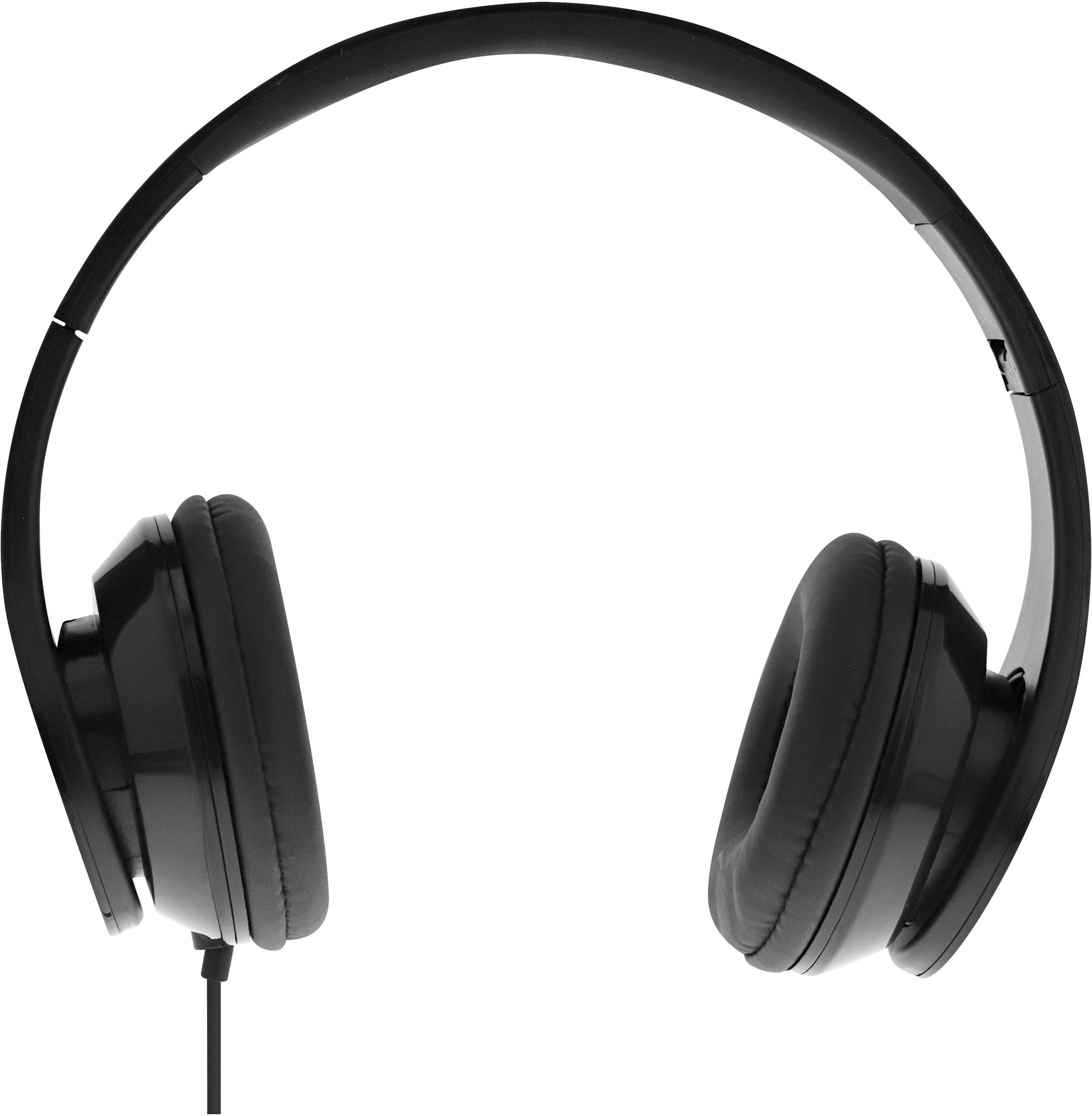 Casque noir avec coussinets et arceau, sur fond blanc.