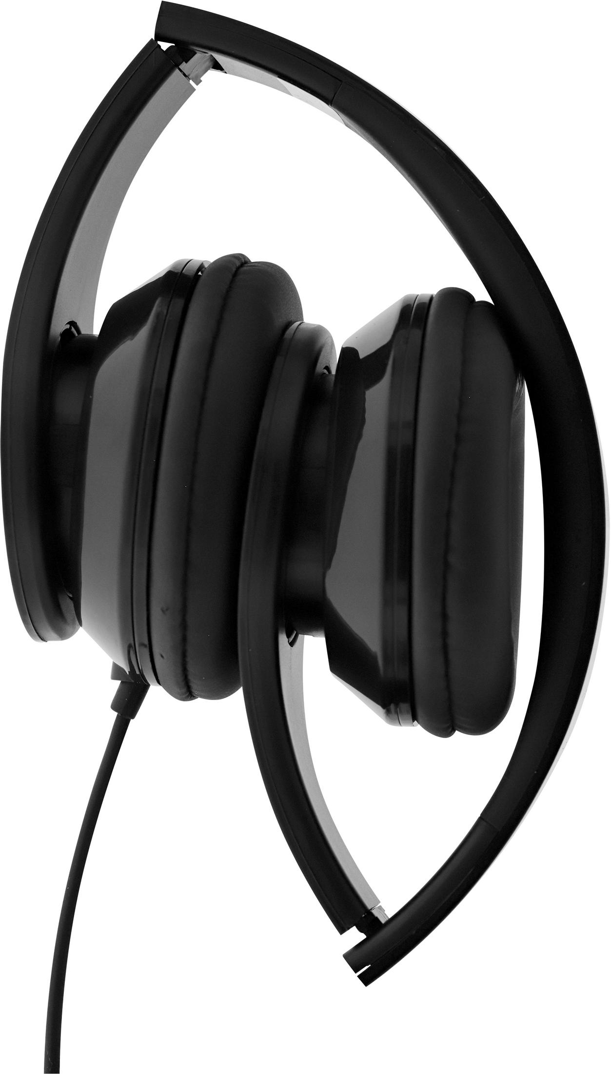 Casque noir pliable avec écouteurs rembourrés et cordon.