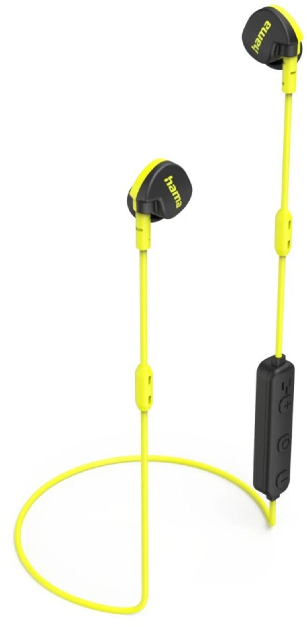 Żółte słuchawki Hama z czarnymi detalami i pilotem.