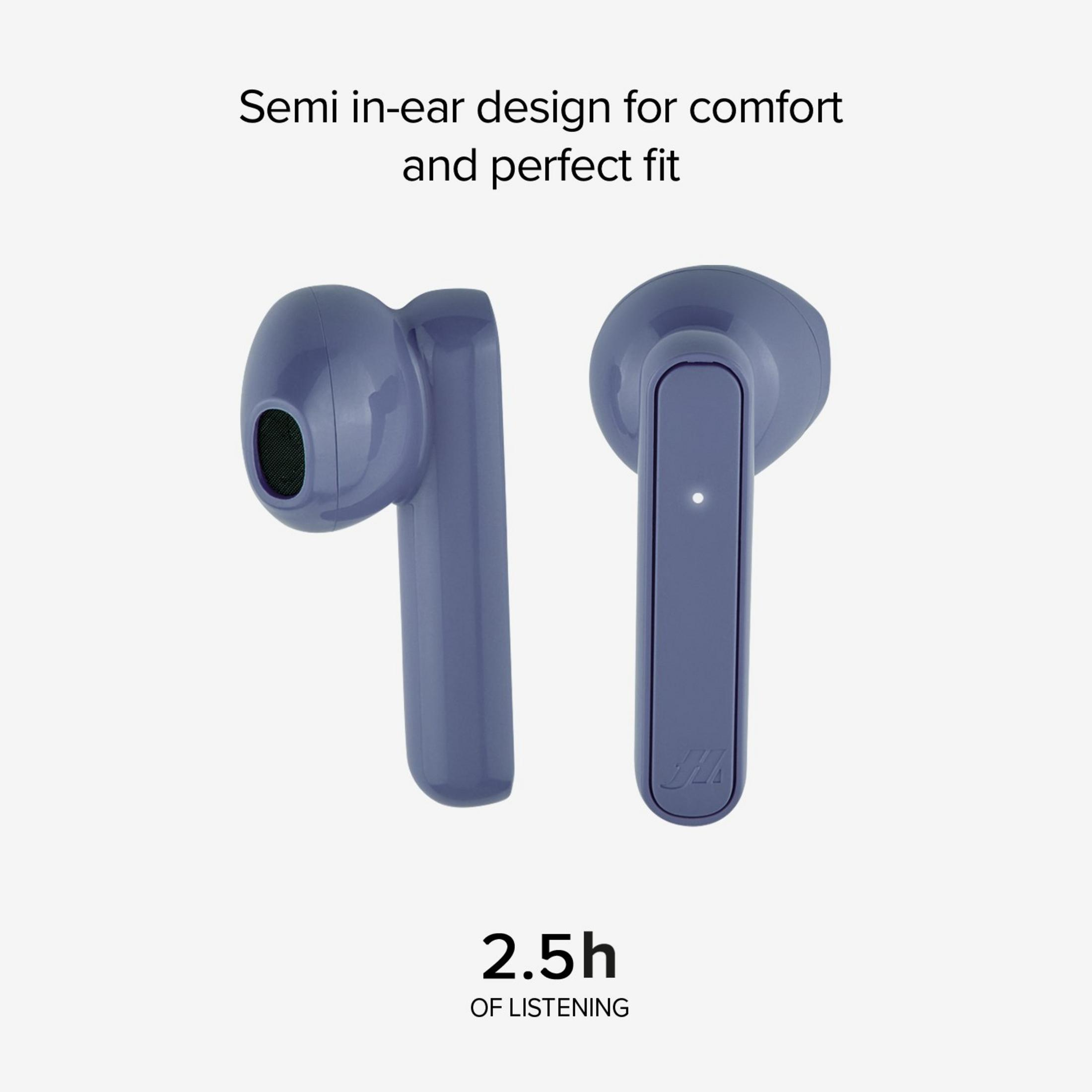 Due auricolari blu su sfondo bianco con testo.
