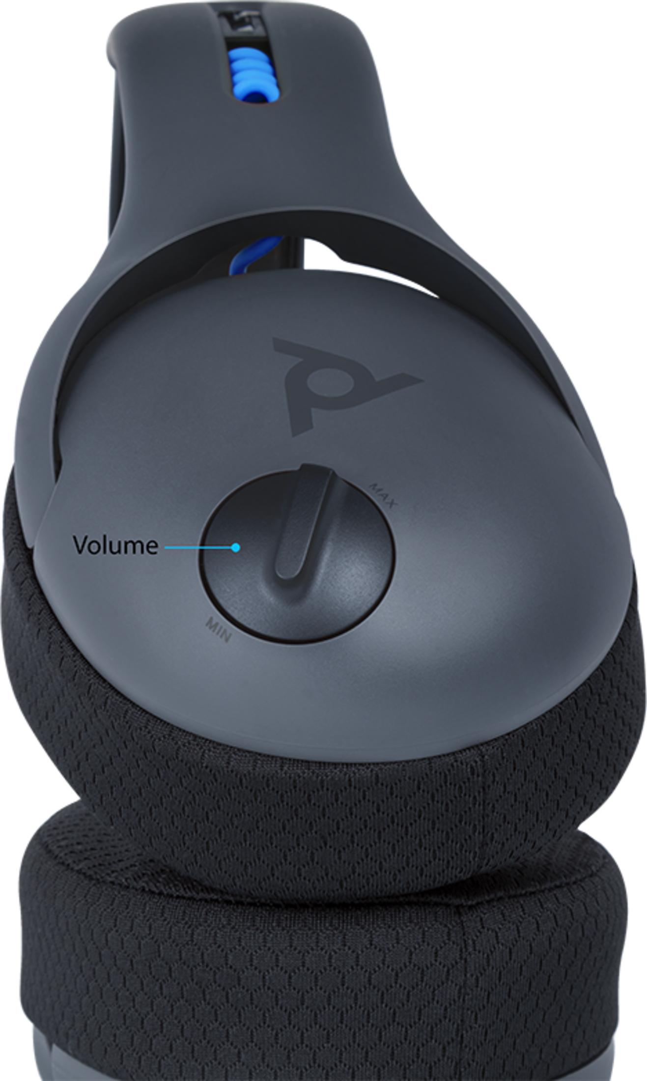 Ciemnoszary zestaw słuchawkowy z pokrętłem głośności i niebieskimi akcentami.