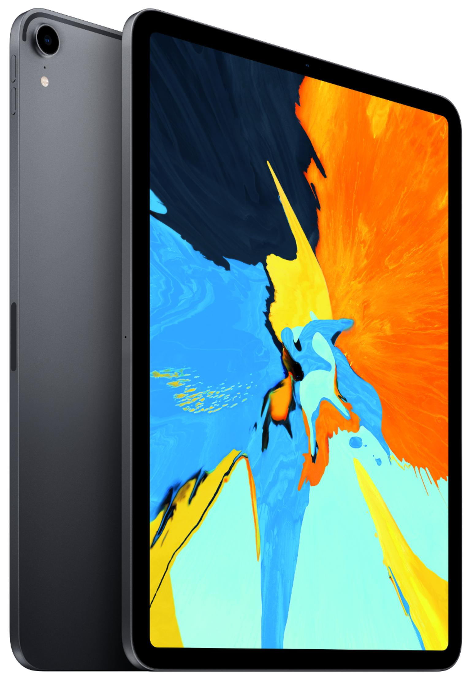 Ein graues Tablet mit einem bunten, abstrakten Hintergrund auf dem Bildschirm.