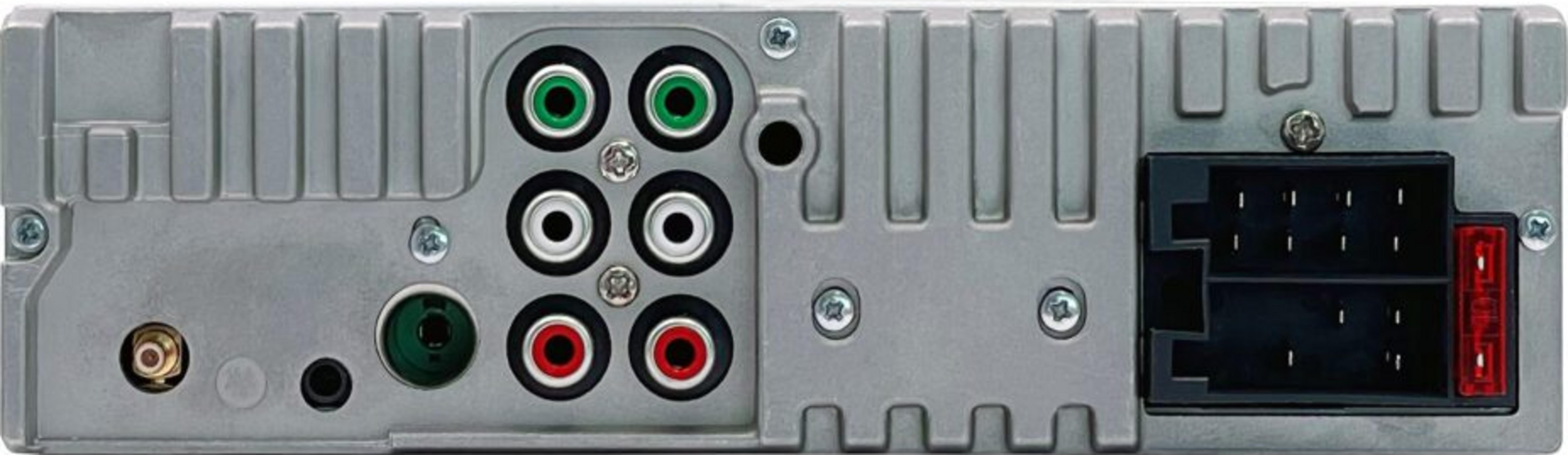 Rückseite des Autoradios: Cinch-Anschlüsse (rot, weiß, grün), Antenneneingang, schwarzer Stecker, roter Sicherungshalter.
