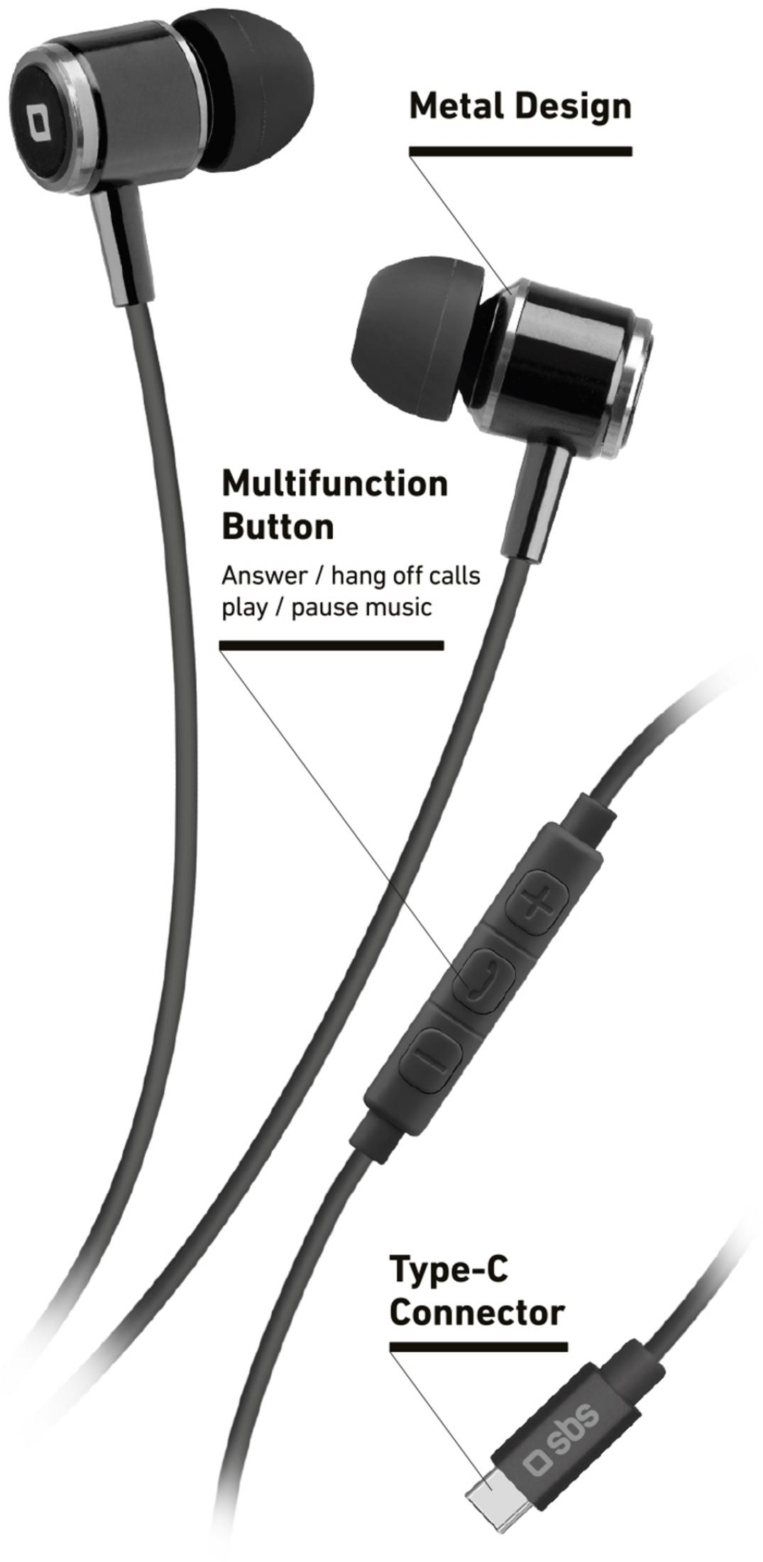 Black in-ear earphones with silver accents and a Type-C connector.