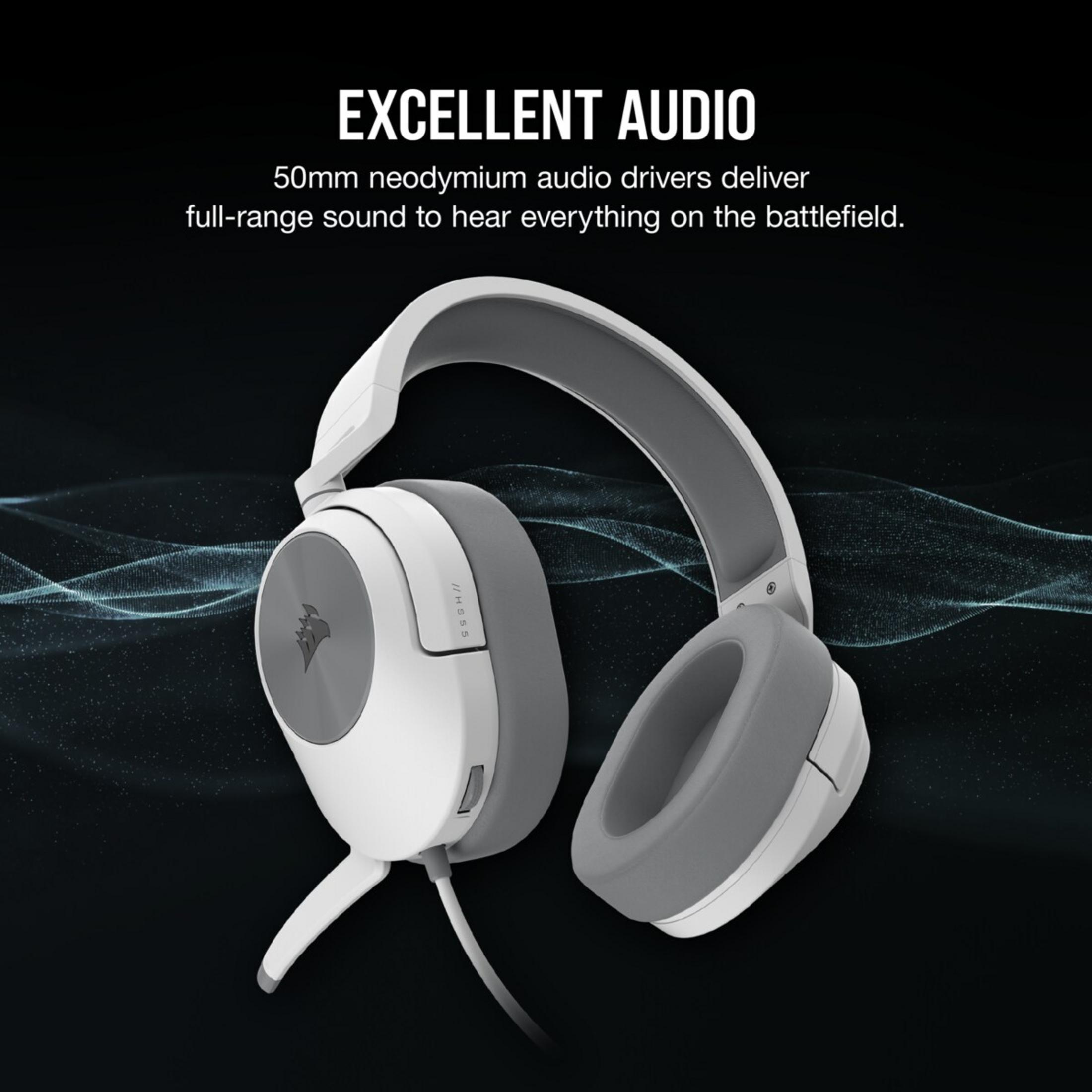 White and gray headset with microphone on a black background.