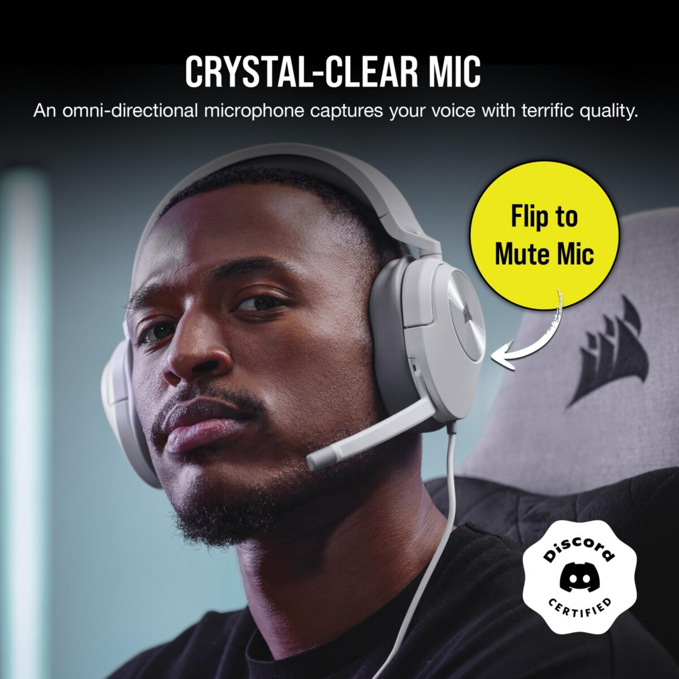 Man with white headphones and mic, Discord certified logo.