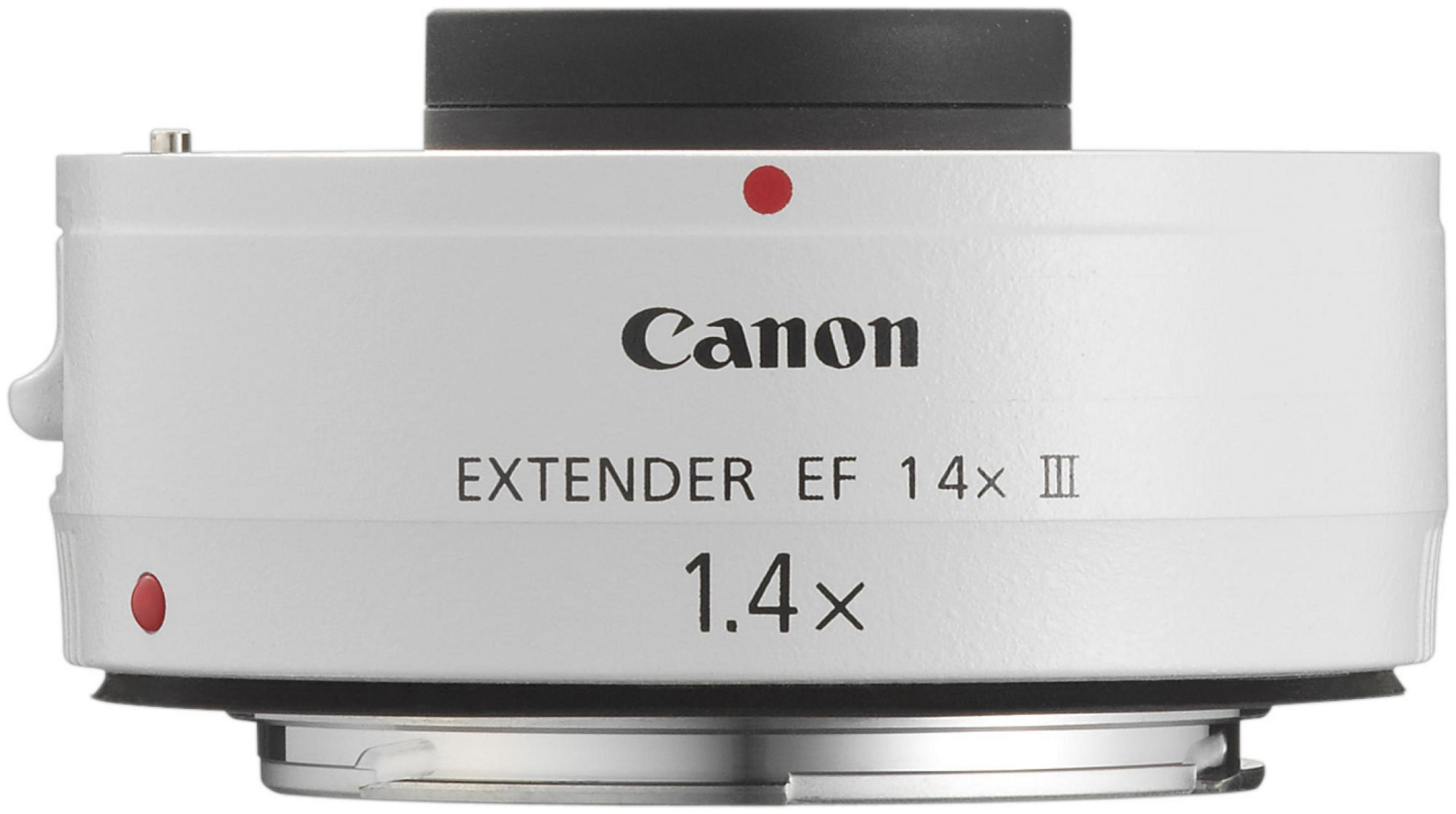 Canon Extender EF 1.4x III blanc avec points rouges et monture noire.