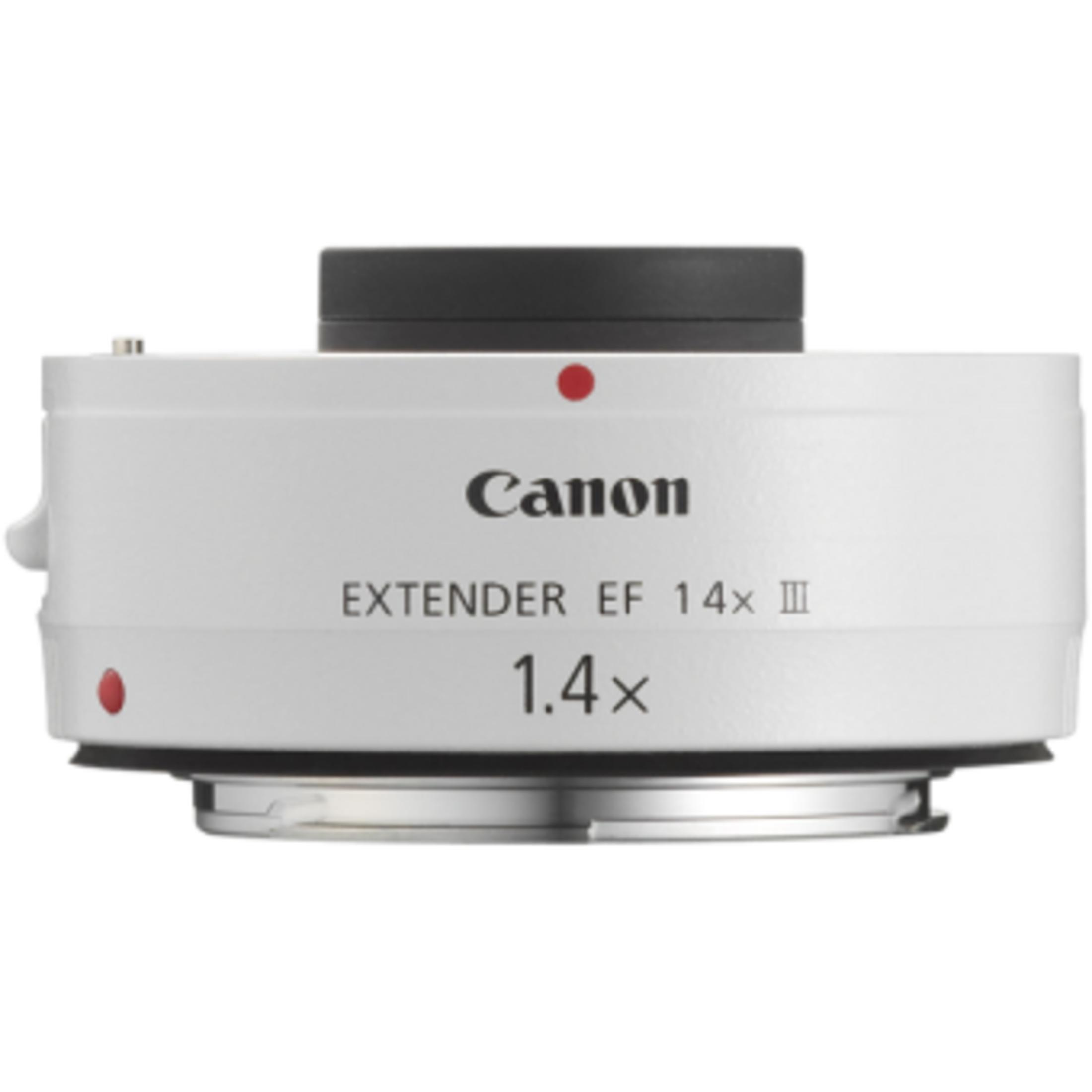 Un extender Canon EF 1.4x III blanc avec des points rouges.