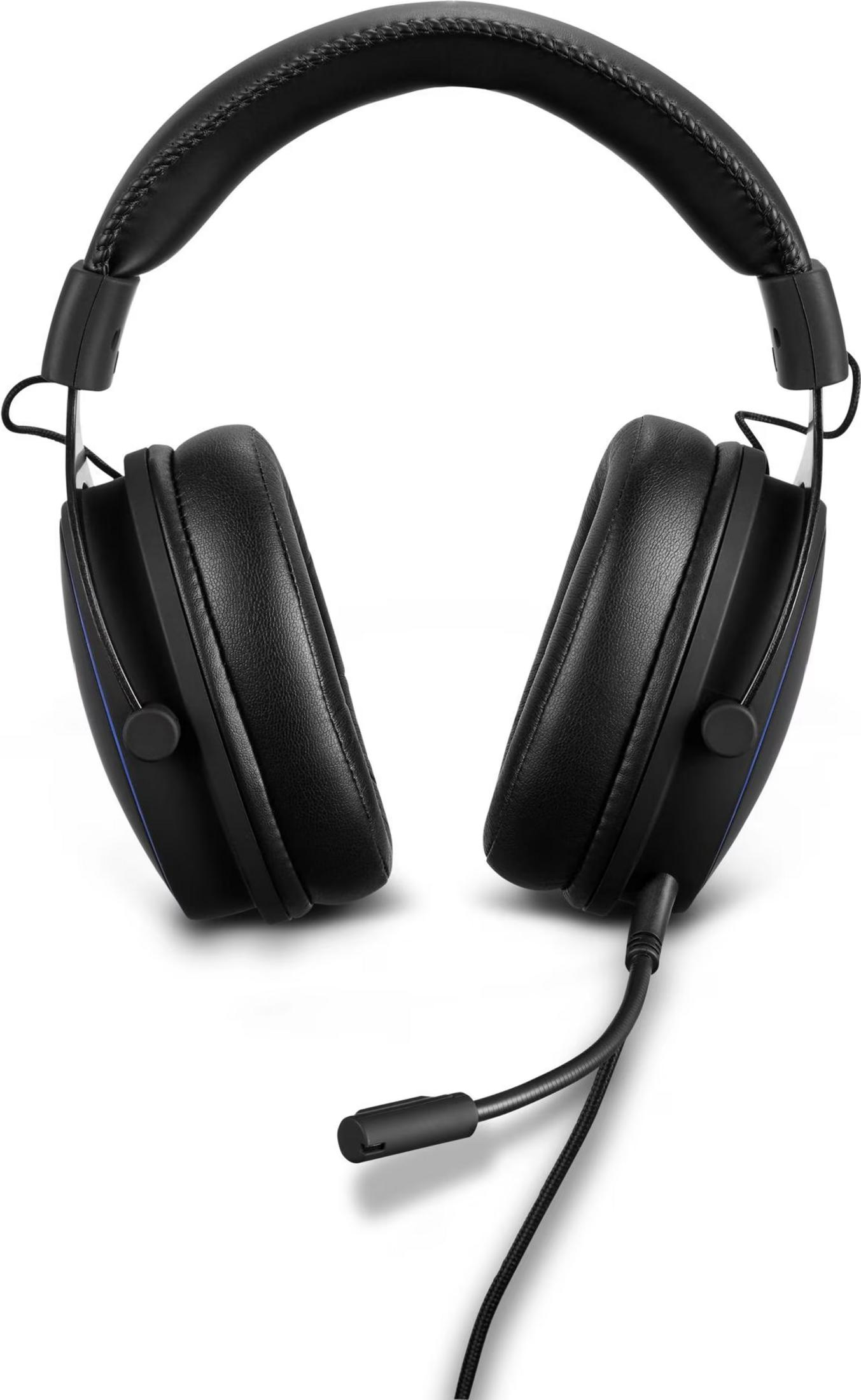 Casque noir avec microphone et accents bleus sur fond blanc.