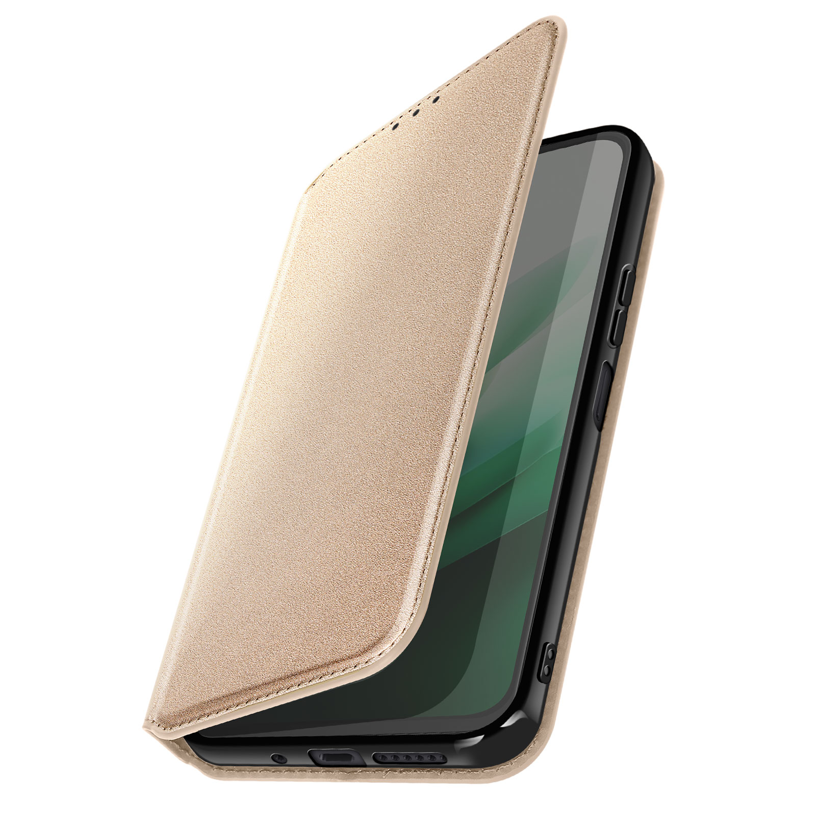 Custodia beige a libro per telefono che copre parzialmente uno smartphone.