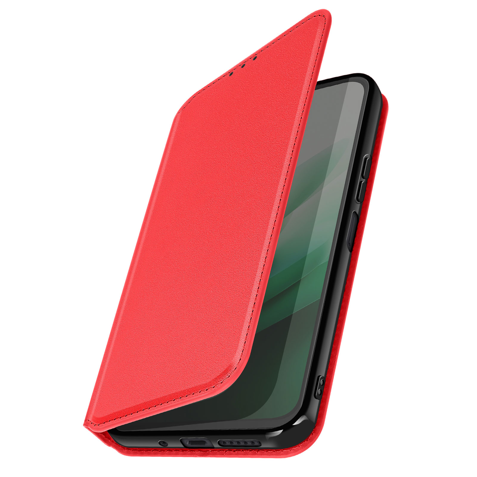 Custodia rossa a libro per telefono, parzialmente aperta per rivelare il telefono.