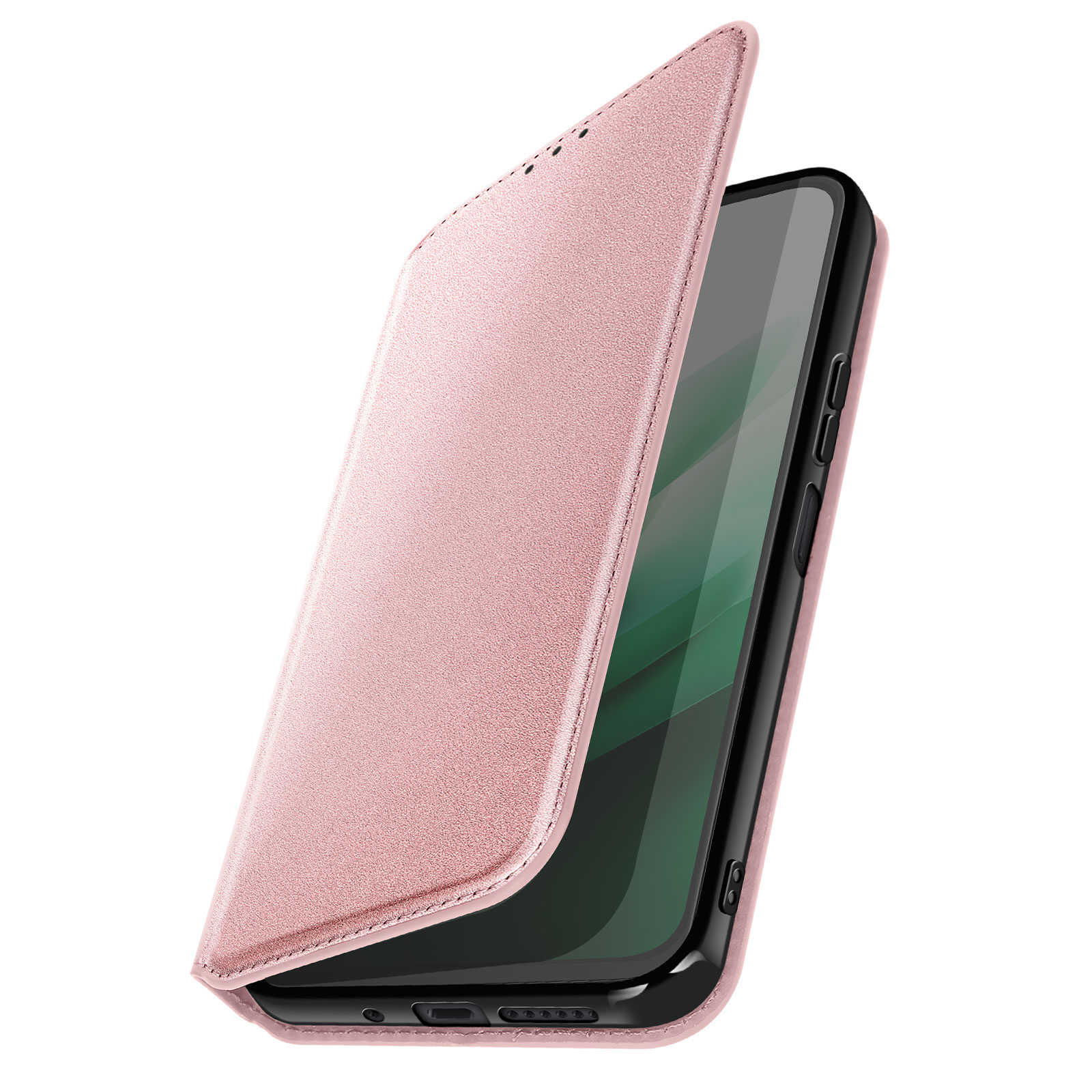 Un telefono rosa con custodia a libro aperta su sfondo bianco.