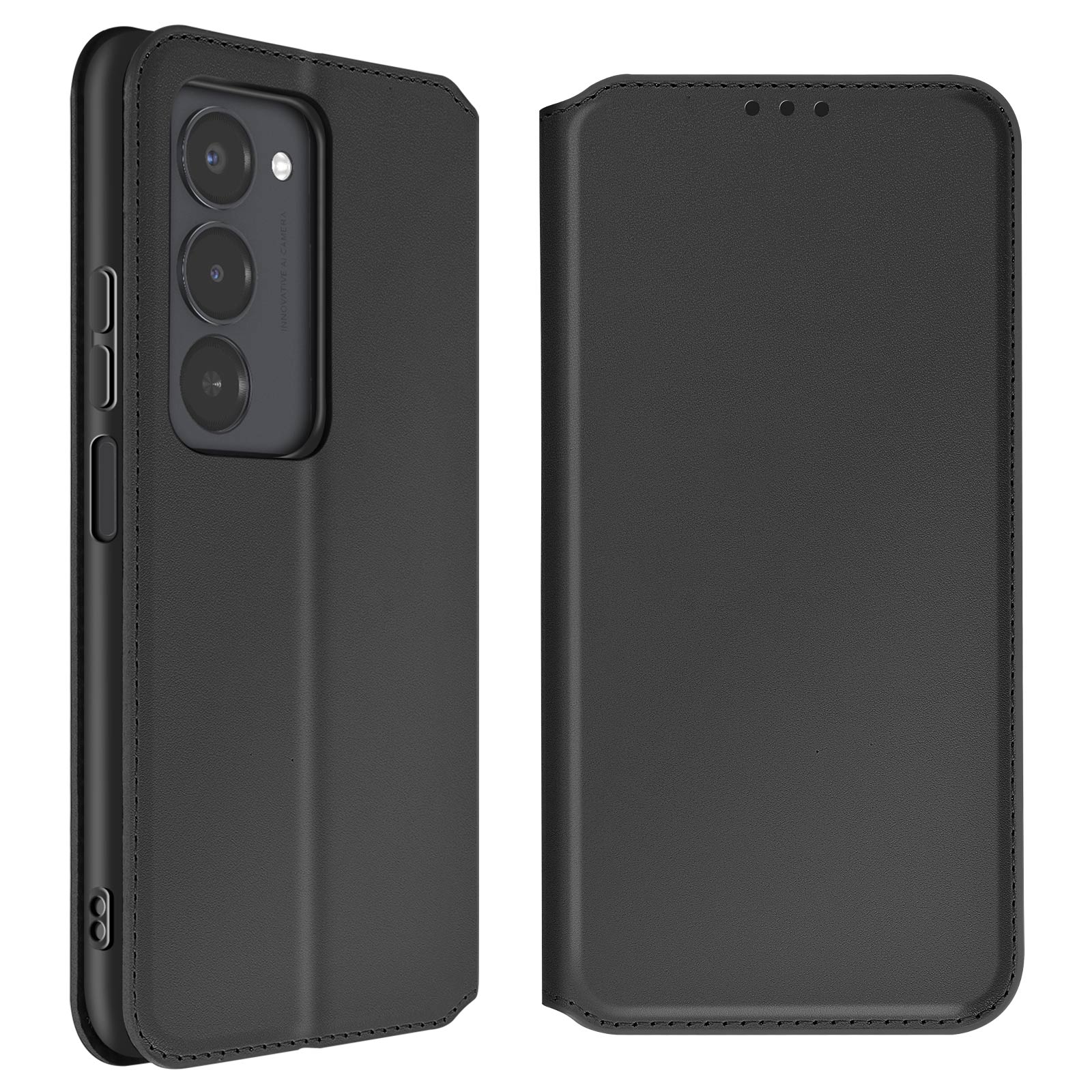 Custodia a libro nera per telefono con tre obiettivi sulla fotocamera.