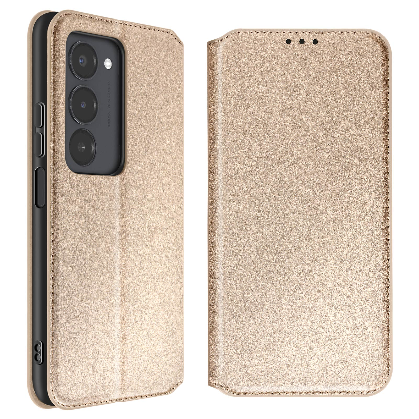 Custodia dorata per telefono con tre obiettivi della fotocamera a sinistra.