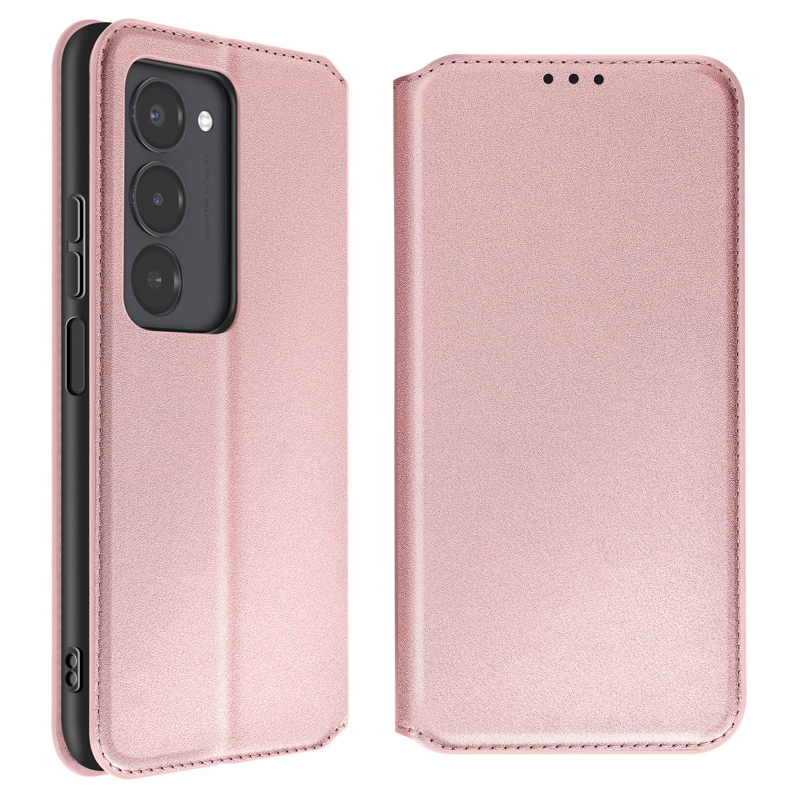 Una custodia per telefono rosa, aperta a sinistra, che mostra fotocamera e pulsanti.