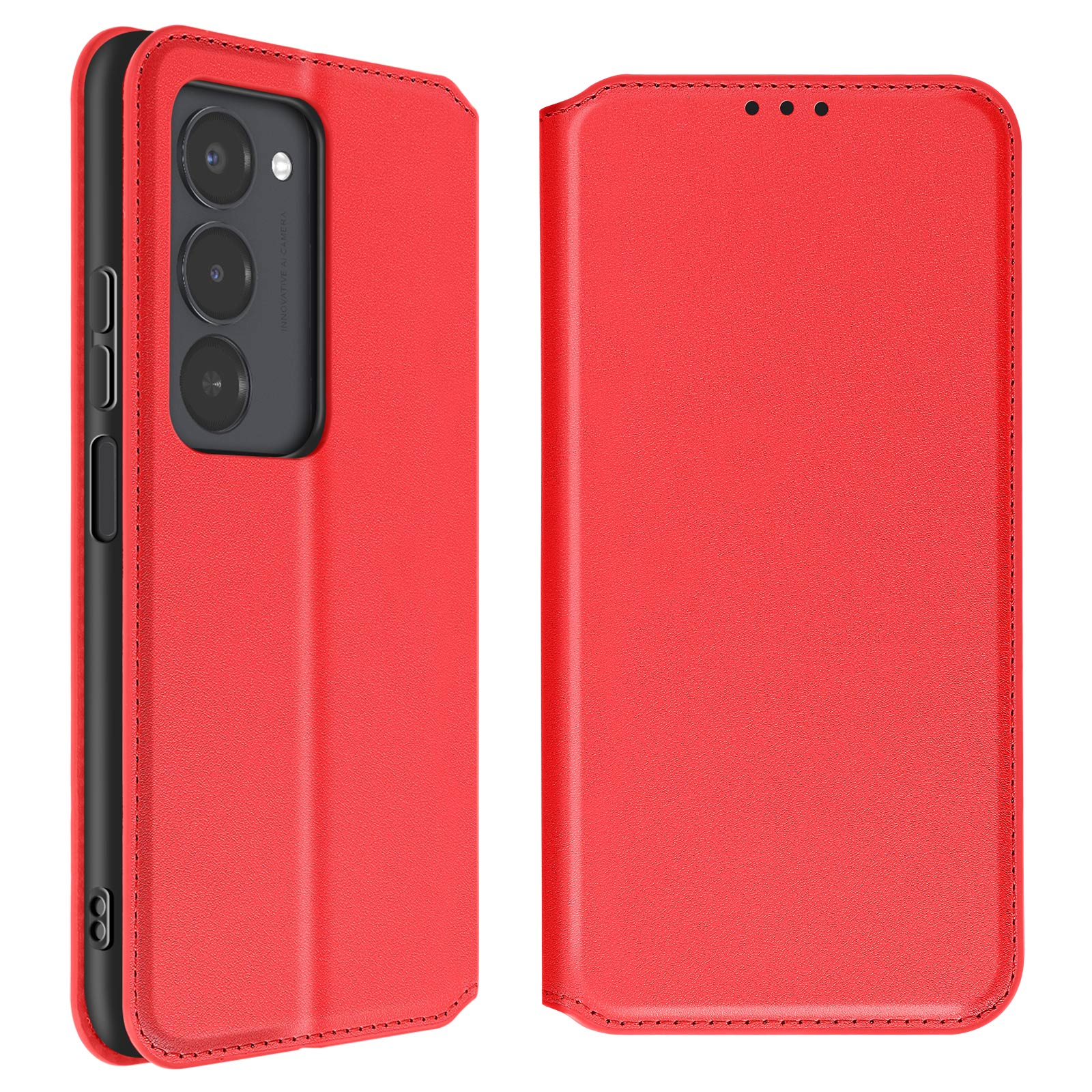 Custodia rossa per telefono con modulo fotocamera e pulsanti.